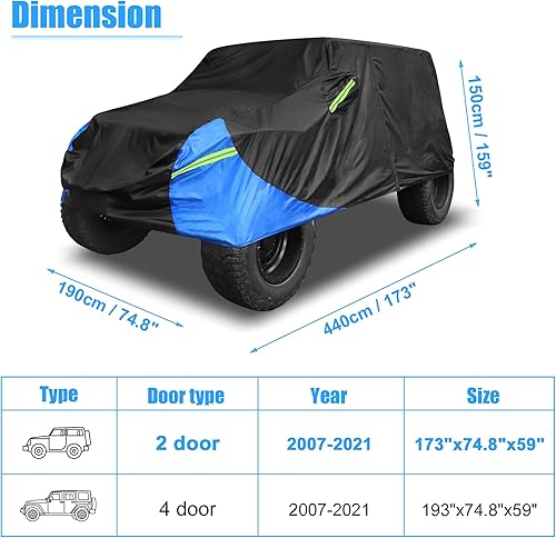 Miniatura 7 de X AUTOHAUX Funda impermeable para Jeep Wrangler de 2 puertas, para Jeep Wrangler Unlimited SportSaharaRubicon JK JL TJ YJ All Weather Protection