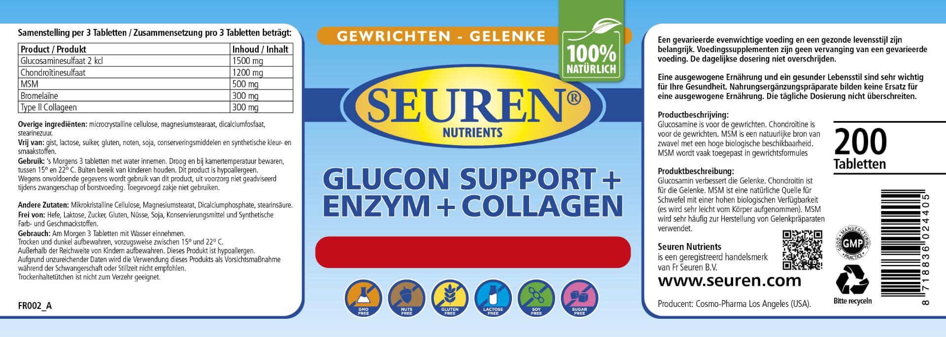 Seuren Nutrients | Glucon support + Enzym + Collagen 200 Tabletten | Glucosamin | Glutenfrei | Laktosefrei | Zuckerfrei | 100% natürlich