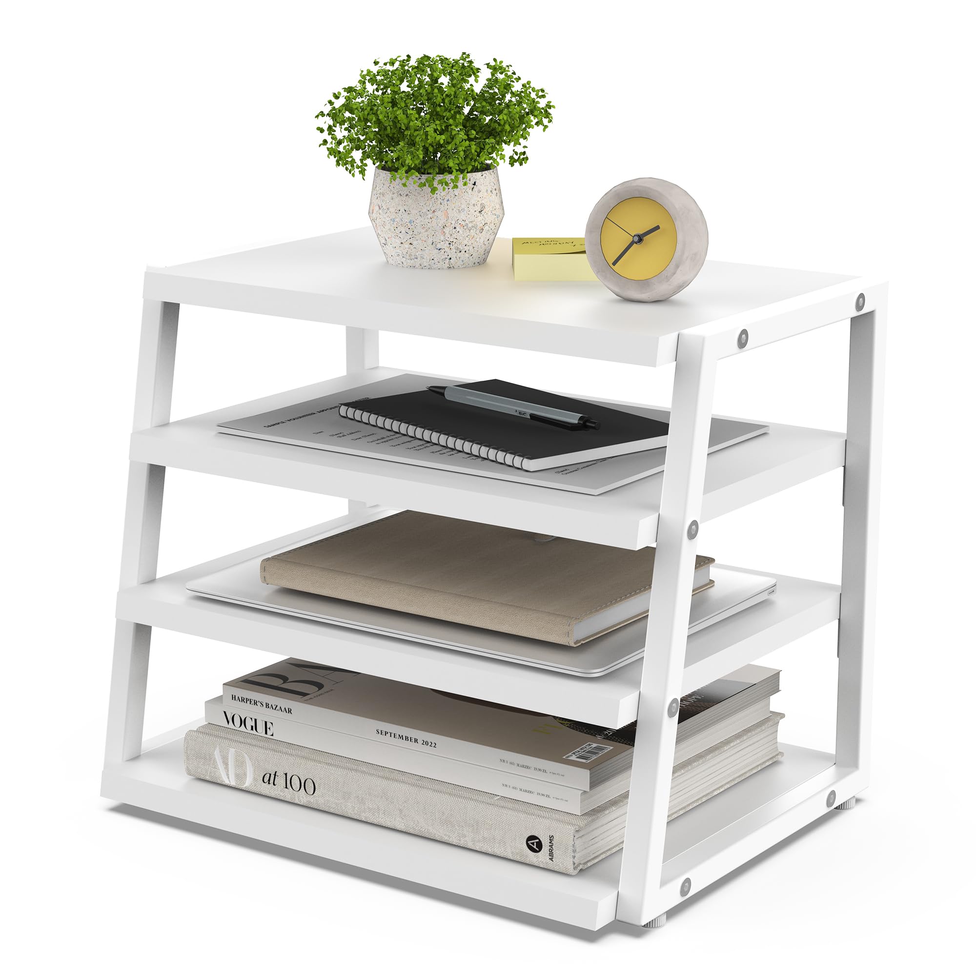Fenge Organizer da Scrivania in Legno a 4 Livelli, Portadocumenti con Ripiani e Staffe in Metallo, Ideale per Documenti A4, Perfetto per Casa, Ufficio e Scuola, Bianco