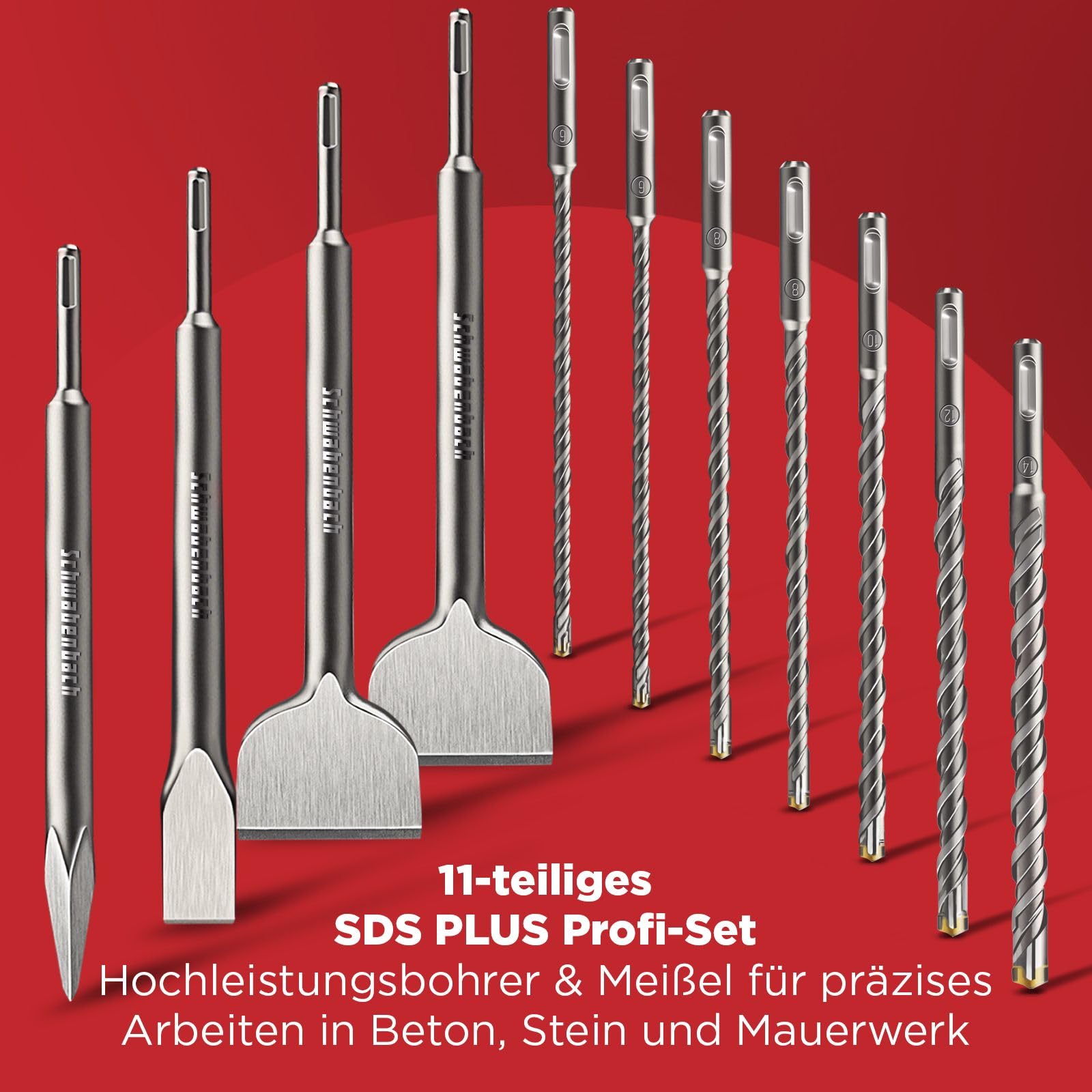 SCHWABENBACH® Set 11 Brocas y Cinceles SDS PLUS para Hormigón (6-14mm) – 7 Brocas y 4 Cinceles Profesionales – Kit para Martillo Perforador y Percutor Compatible con Bosch, Hilti, Makita, Metabo