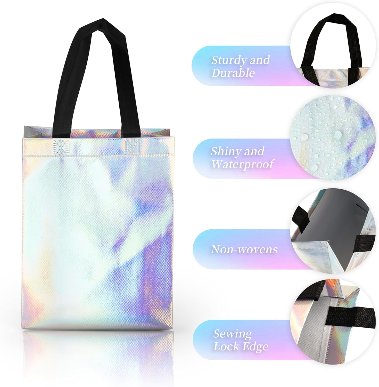 GouZaak 30 Pack Iridescent Gift Bags, Holographic Reusable Gift Bags With Black Handles And 2 Style Tissue Paper, 8 x 4 x 10 Inch Medium Size, Iridescent Party Favor Bags For Wedding Birthday Holiday - Image 3