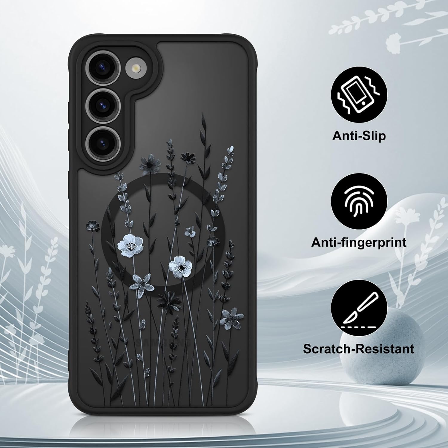 OOK Case for Samsung Galaxy S23 Plus 6.7 Inch (Wireless Charging Compatible) Cute Floral Flowers Translucent Phone Cover Soft TPU + Hard PC Anti-Scratch Shockproof Magnetic Case for Women - Image 5