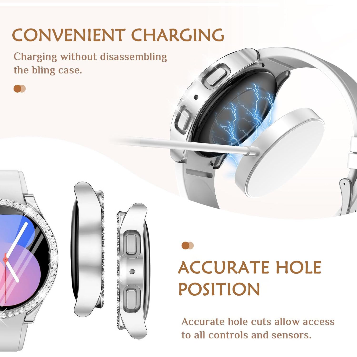 DEALELE [2-PACK] Case Compatible with Samsung Galaxy Watch 5/4 44mm, Bling Single-Row Diamond PC Protective Case Replacement Watch Cover Bumper (44mm, Gold+Transparent) — view 42