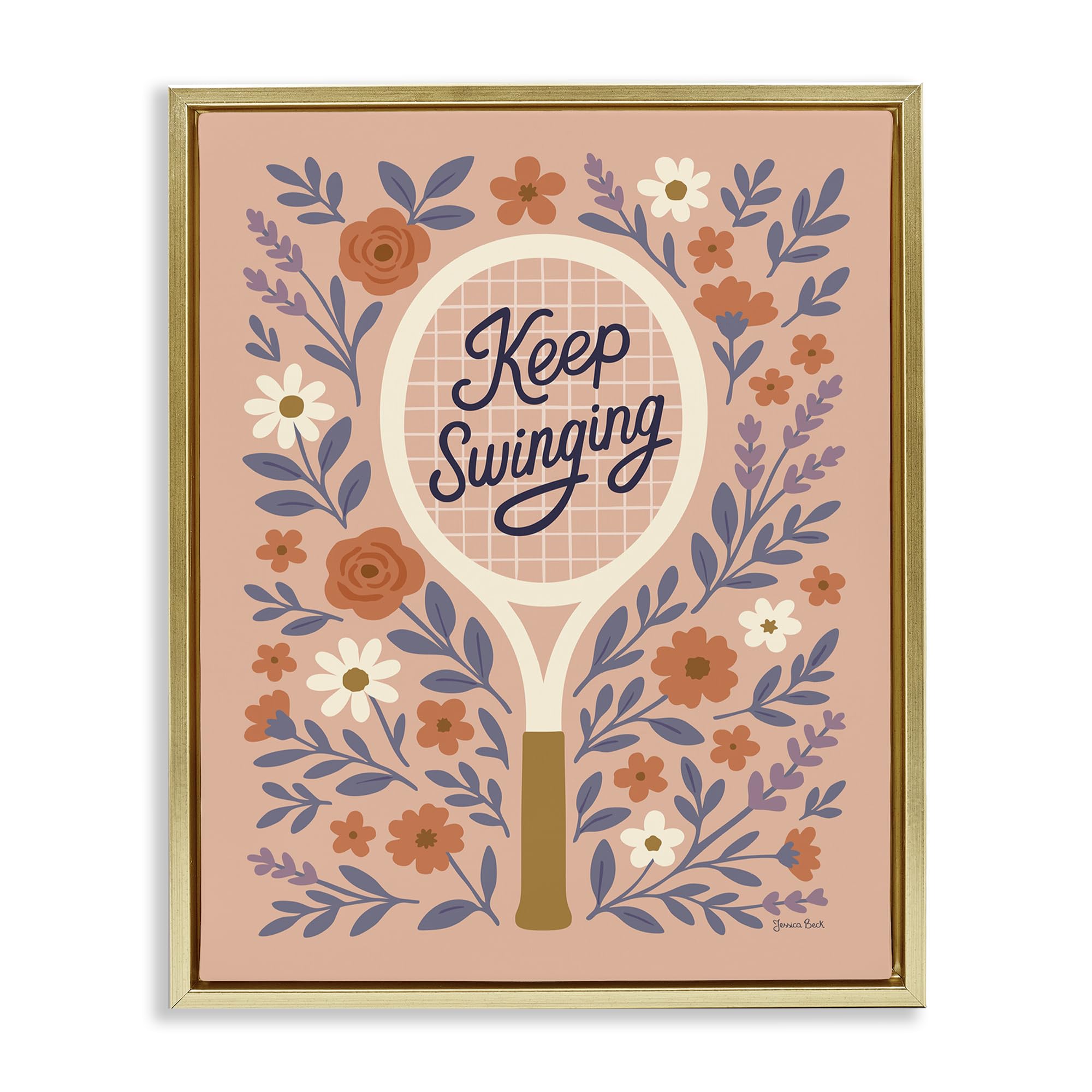 Stupell Industries Metallic Gold (Matte) 'Keep Swinging Floral Tennis'| Floating Frame Canvas Art