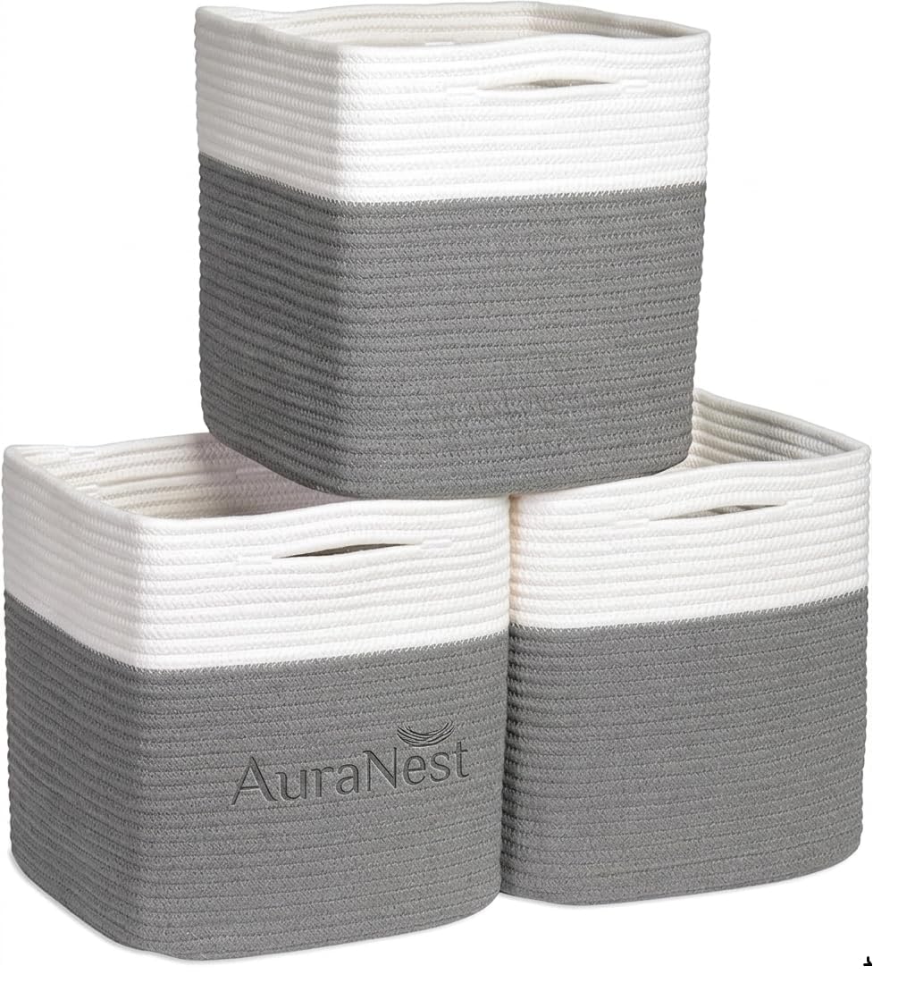 Jute Storage Container Set of 3, Cotton Rope Woven Storage Cubes, Square Organizer Basket for Shelf, Closet, Toys, Kitchen, Nursery, Office (10x10 inches,Grey White)-image-41