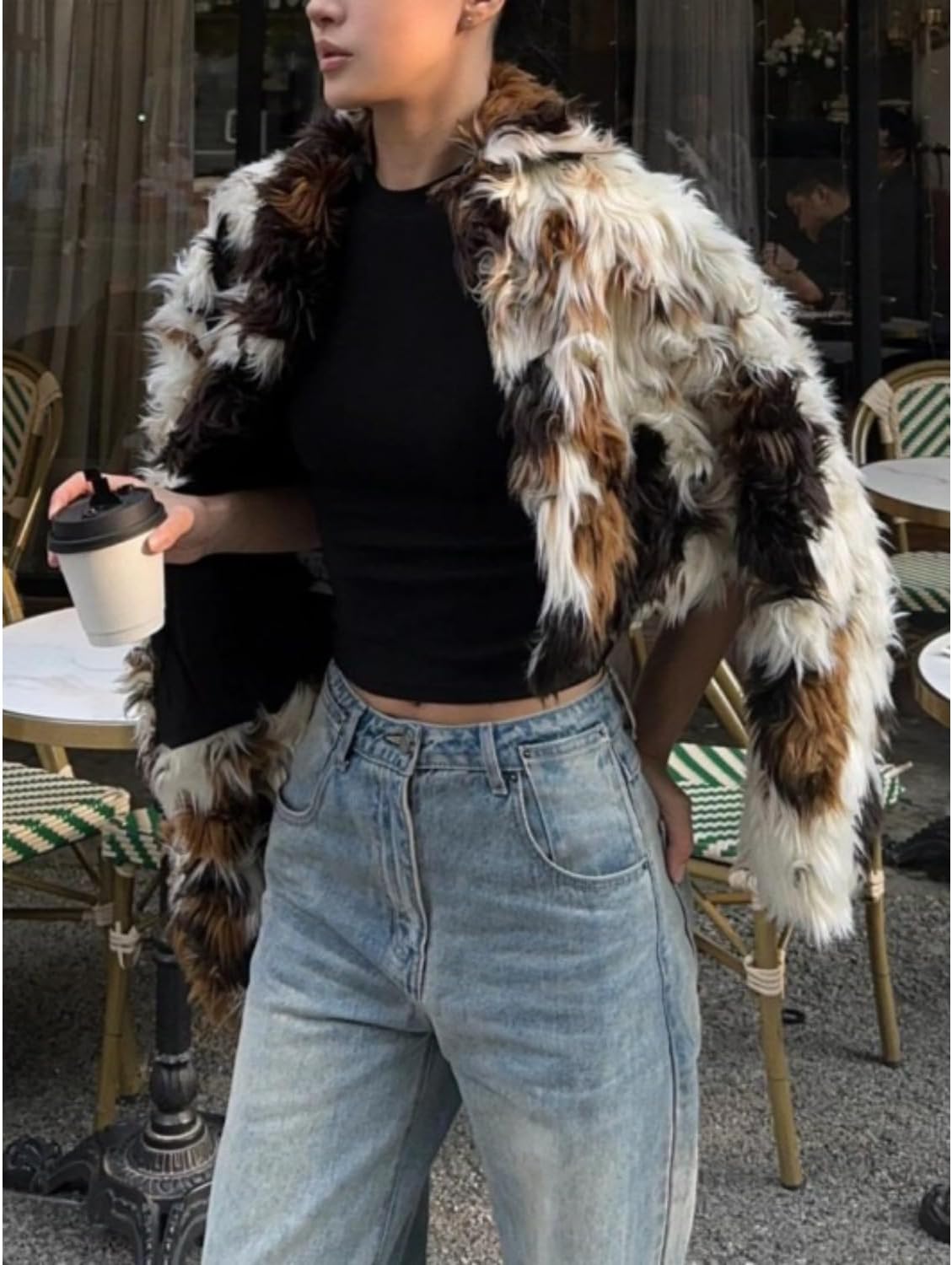 Brown Faux Fur Jacket Color Block Cow Print Notch Collar Long Sleeve Trendy Streetwear Winter Jacket