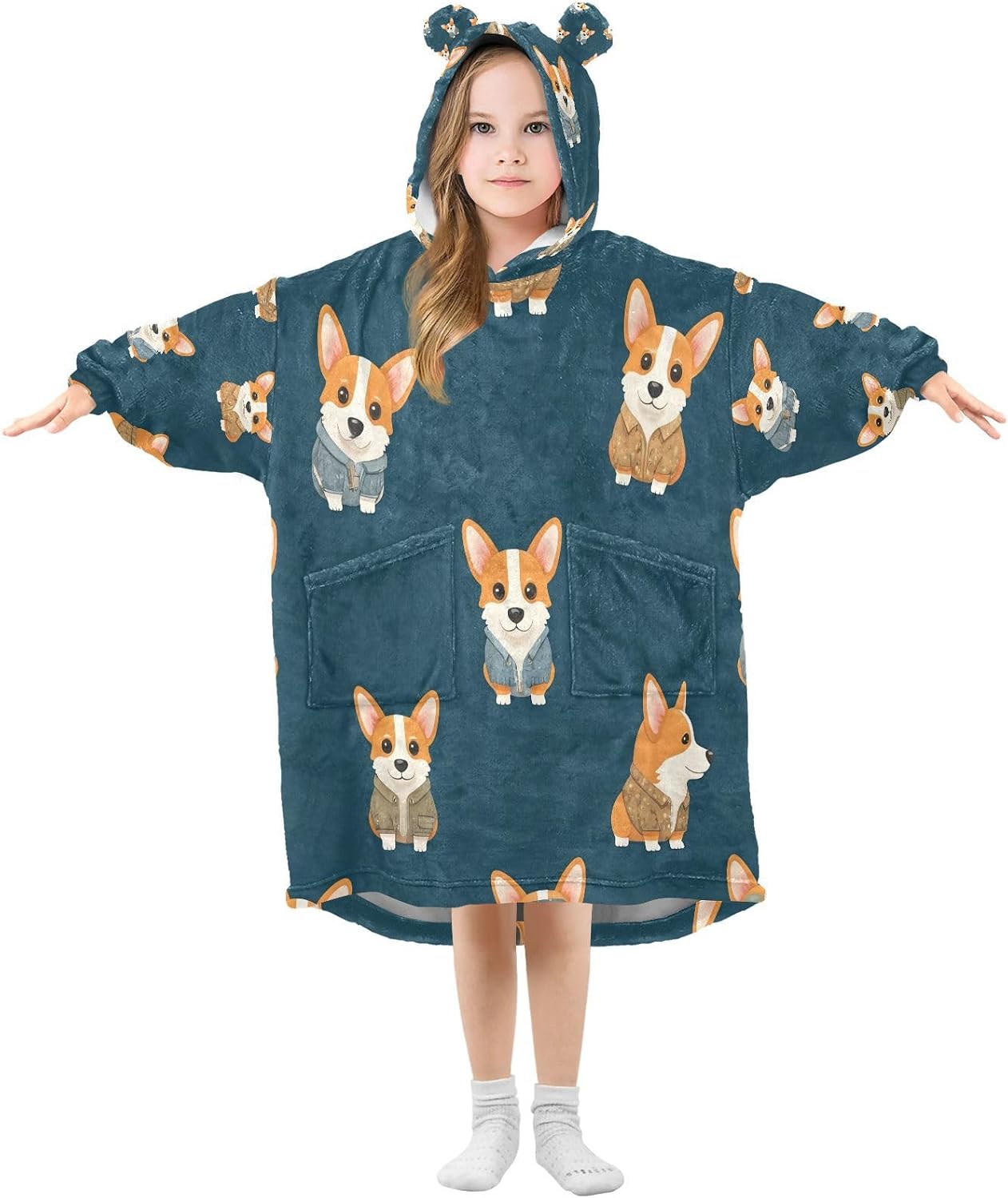 Kigai Cute Dogs Wearable Blanket Hoodie for Kids Oversized Hooded Blanket Warm & Cozy Sweatshirt with Pockets