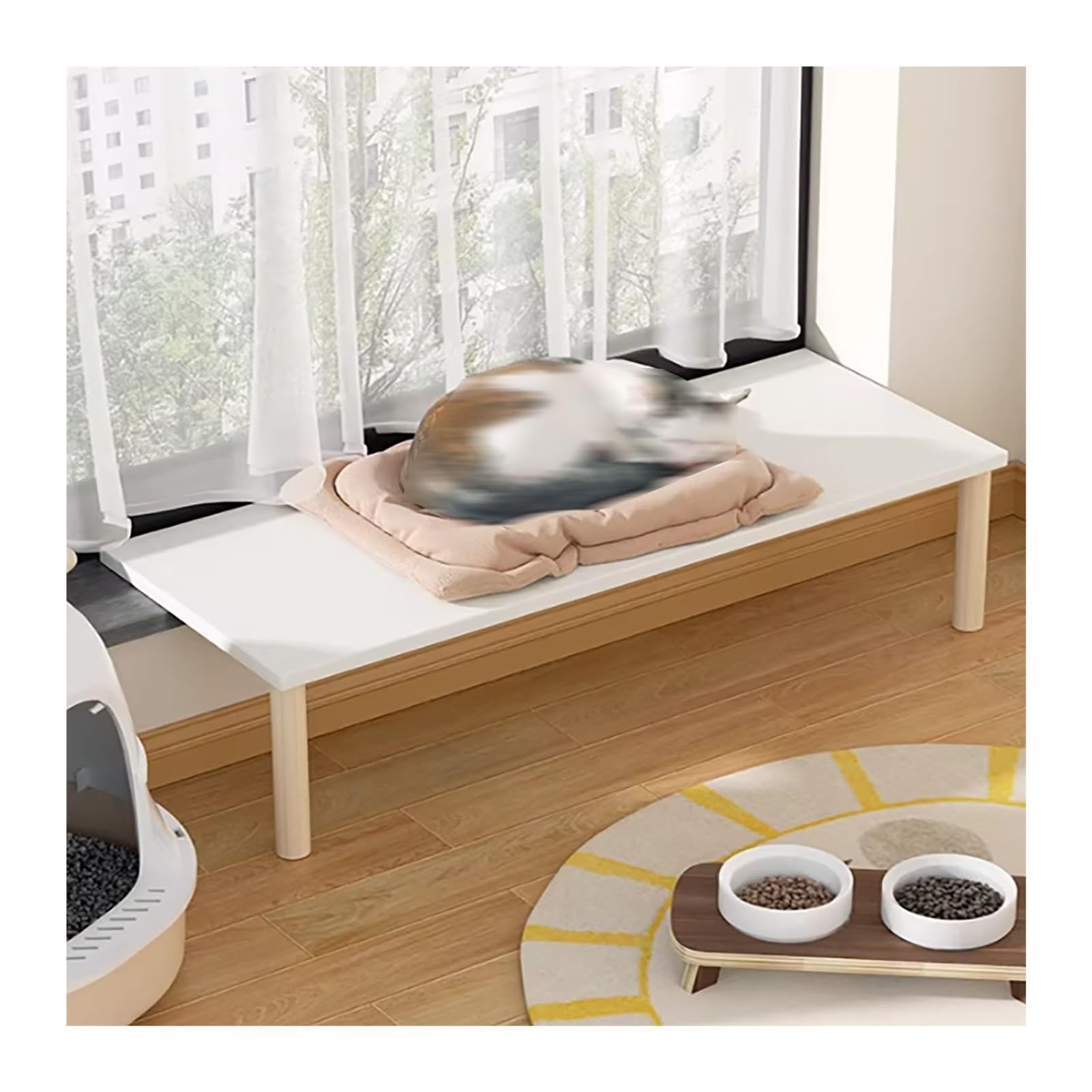 Estante de madera para alféizar de ventana para gatos, percha ajustable de 31 a 59 pulgadas con 2 patas de apoyo, estudio y descanso