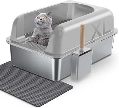 Gimars XL Stainless Steel Cat Litter Box, Large Stainless Steel Cat Litter Tray, 36L Metal Litter Tray with Litter Scoop & Mat, Good for Large Medium Cats