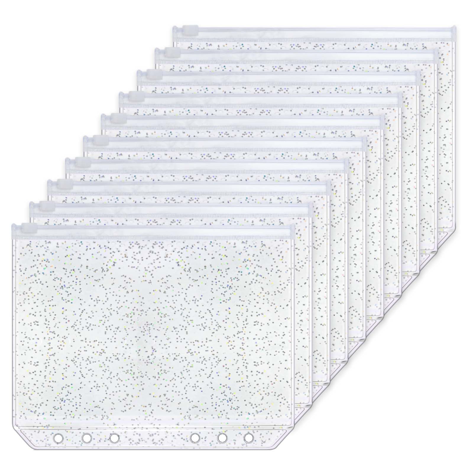 AxeWoodz 10pcs A5 Binder Pockets Glitter PVC Zipper Pouches Budget Money Envelopes Clear Zipper Folders Loose Leaf Bags