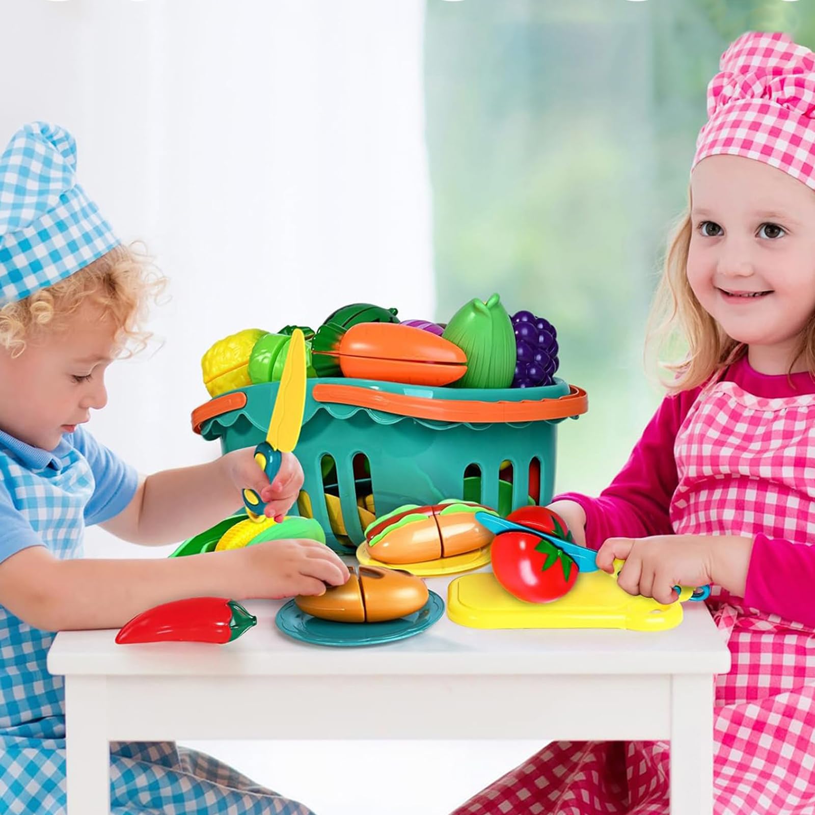 Set di giocattoli per tagliare alimenti con frutta, cestino, piatti, taglierina e utensili per giochi di ruolo in cucina, giocattolo alimentare