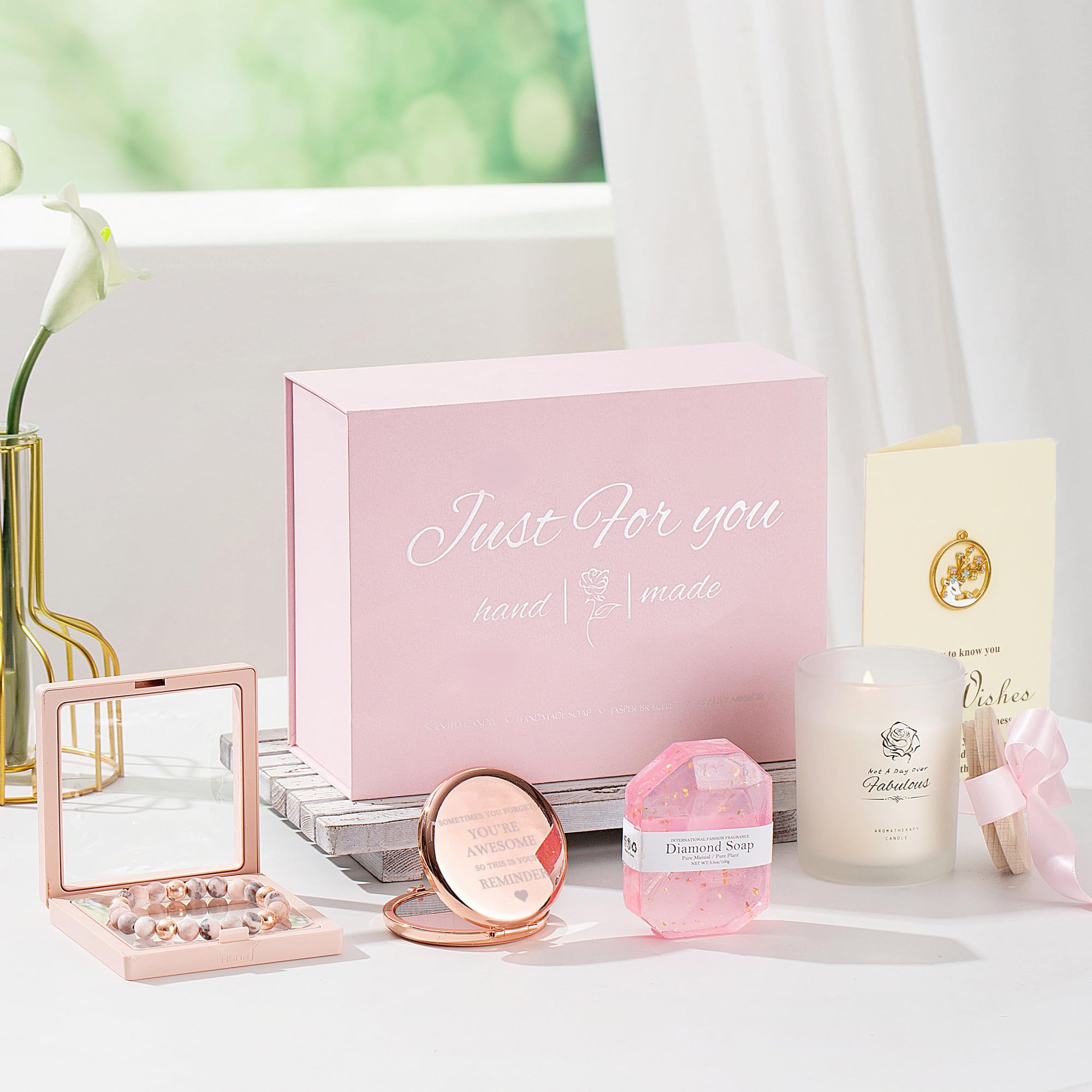 Coffret Cadeau Luxe pour Femme - Bougie Parfumée 350g, Bracelet Lave & Jaspe, Savon Rose Artisanal, Miroir de Maquillage - Idée Unique d'Anniversaire
