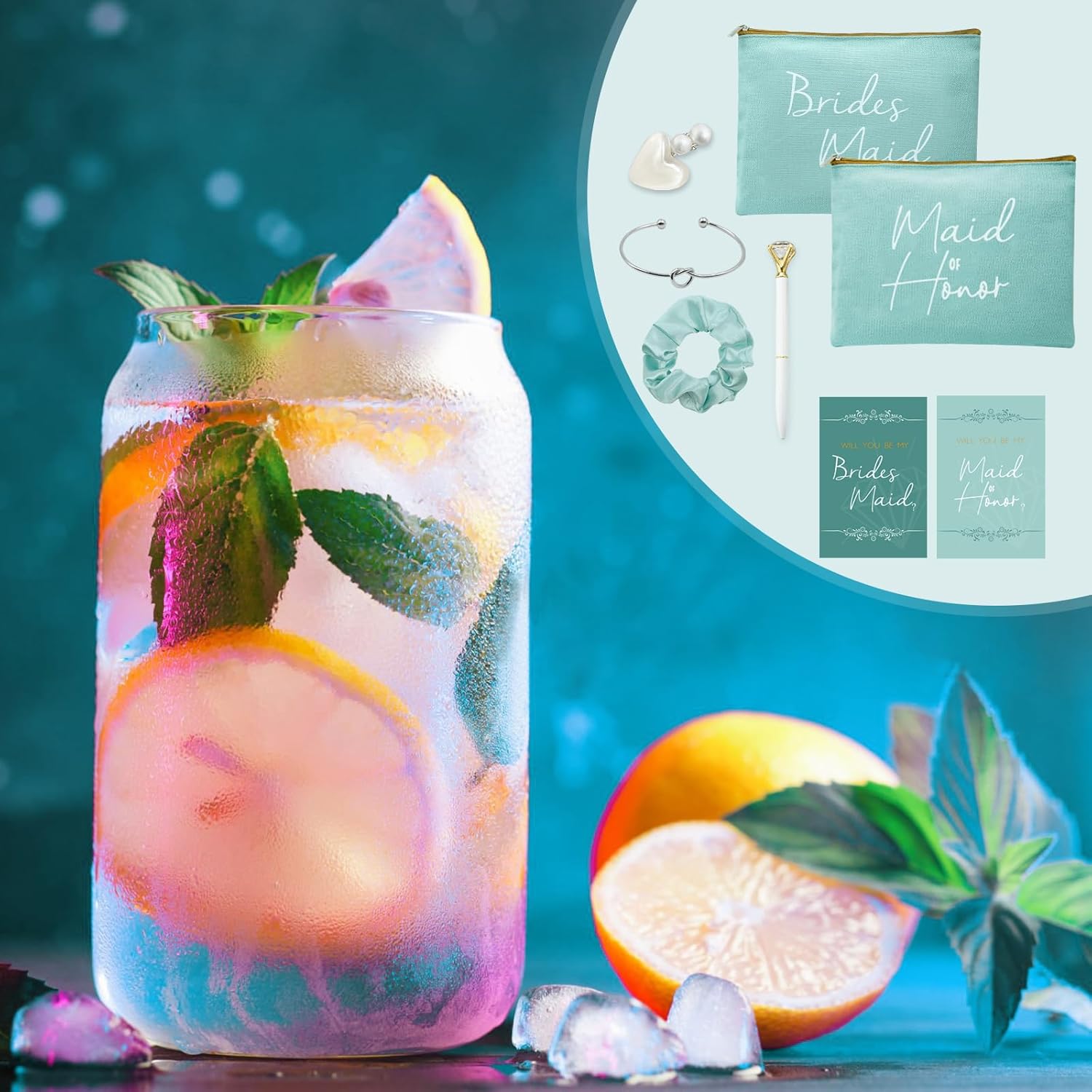 56pcs 8set Bridesmaid gifts bridesmaid proposal gifts, Maid of Honor Gifts contain 16oz Glass Cups Cosmetic Makeup Bags Invited Cards Scrunchies Hair Knotted Bracelets Diamond Pens love clip (Green) - Image 4