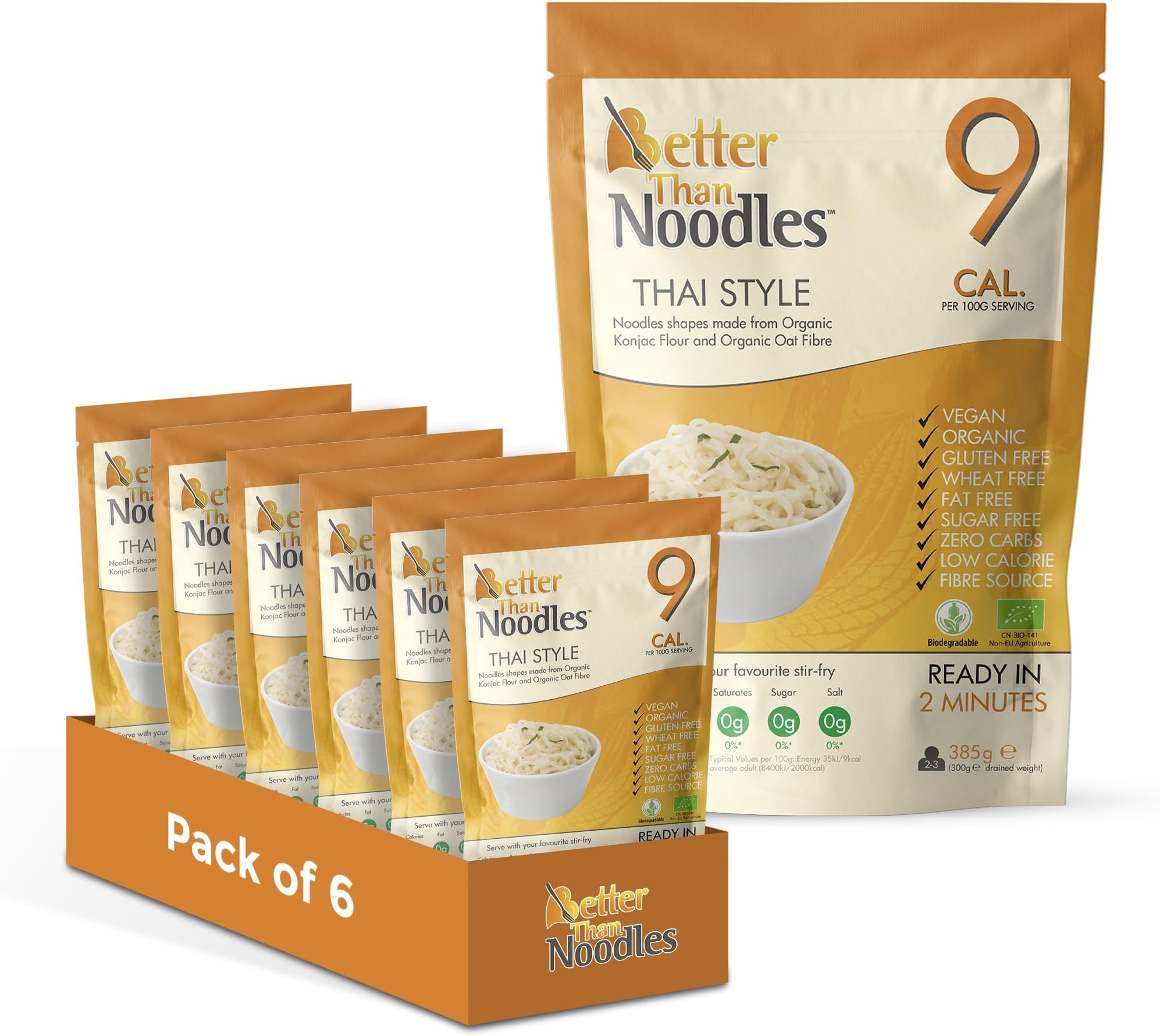 Thai Style Zero Carbohydrate 385 Grams Pack of 6 - Low Calorie Zero Sugar Konjac Flour Keto Diet & Vegan Food High in Nutrition - Low Carbohydrates Low Fat Diet Vegan Food