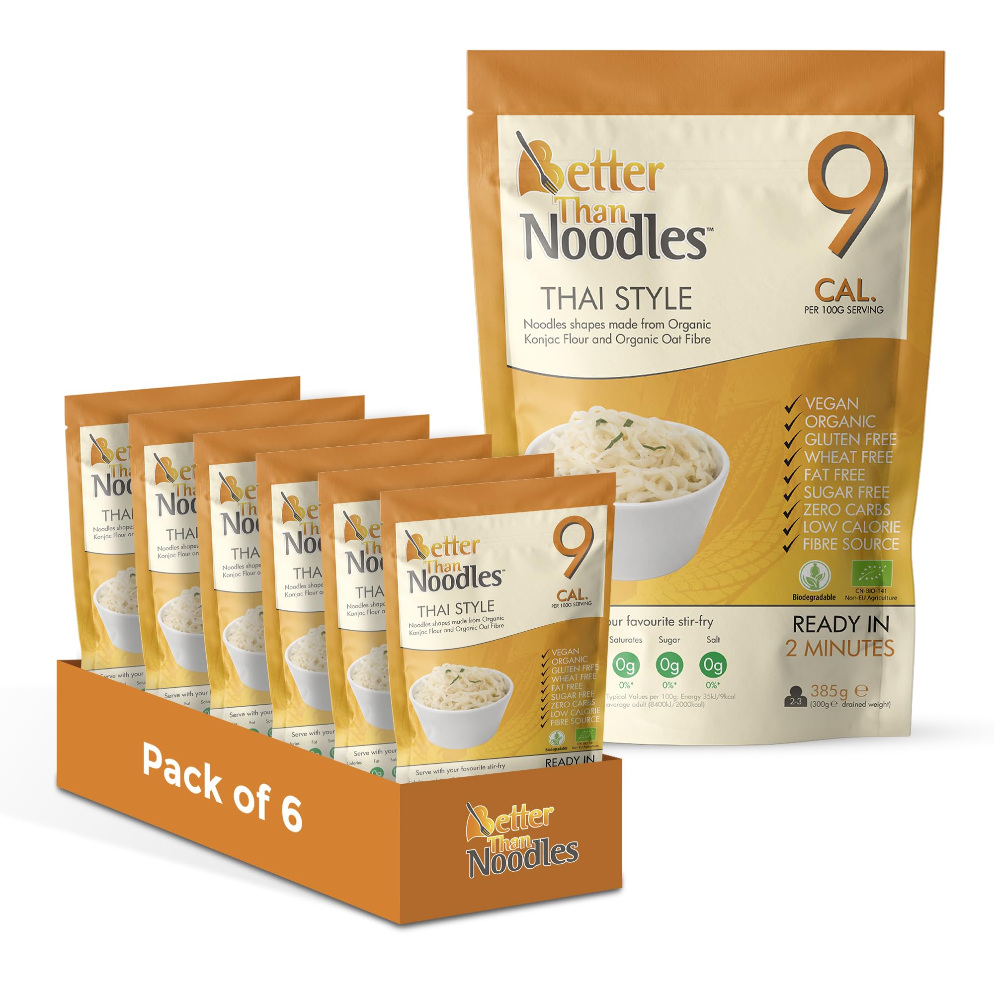 Better Than Noodles Thai Style Zero Carbohydrate 385 Grams Pack of 6 - Low Calorie Zero Sugar Konjac Flour Keto Diet & Vegan Food High in Nutrition - Low Carbohydrates Low Fat Diet Vegan Food