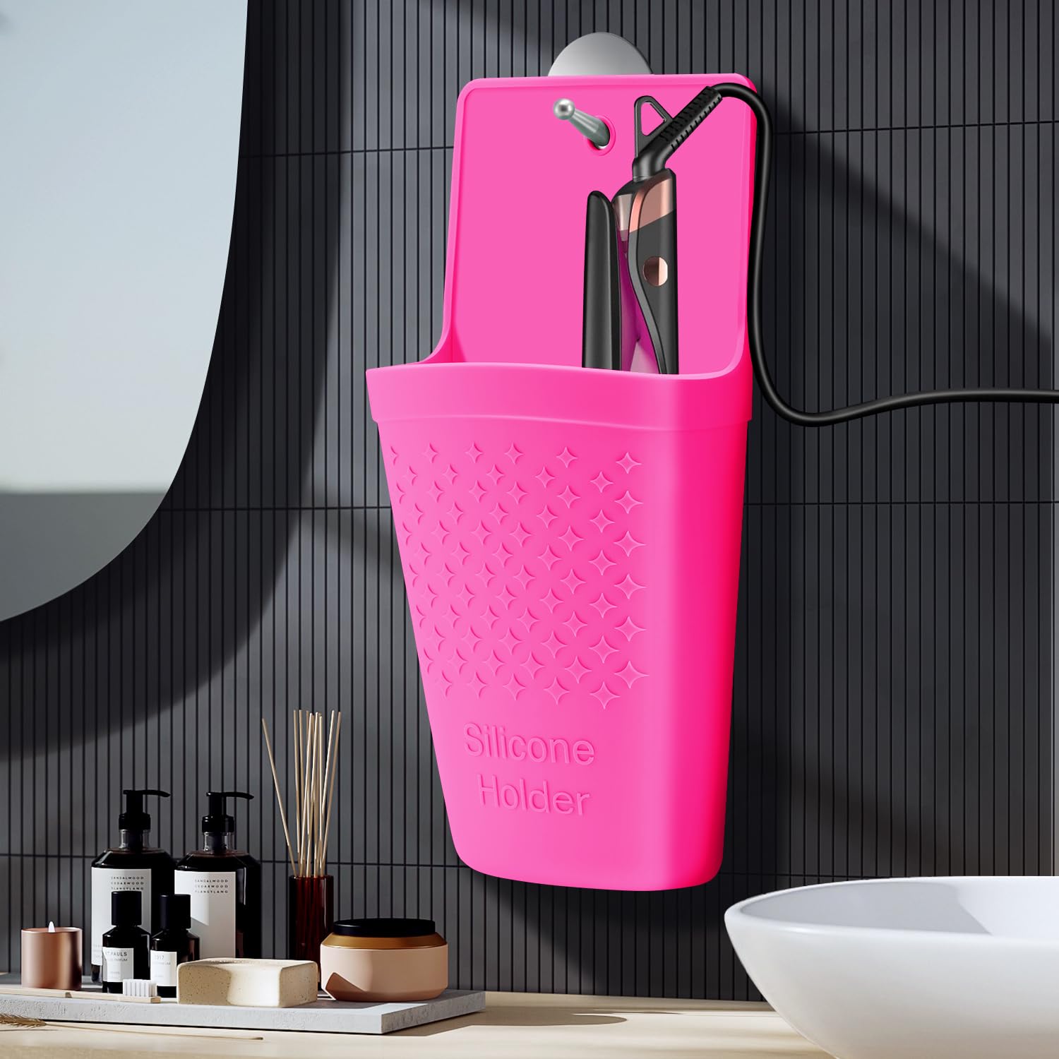 Alfombrilla y bolsa de silicona resistente al calor, plancha de pelo portátil de viaje y soporte para herramientas de peinado del cabello. 1 paquete (rosa intenso) 6