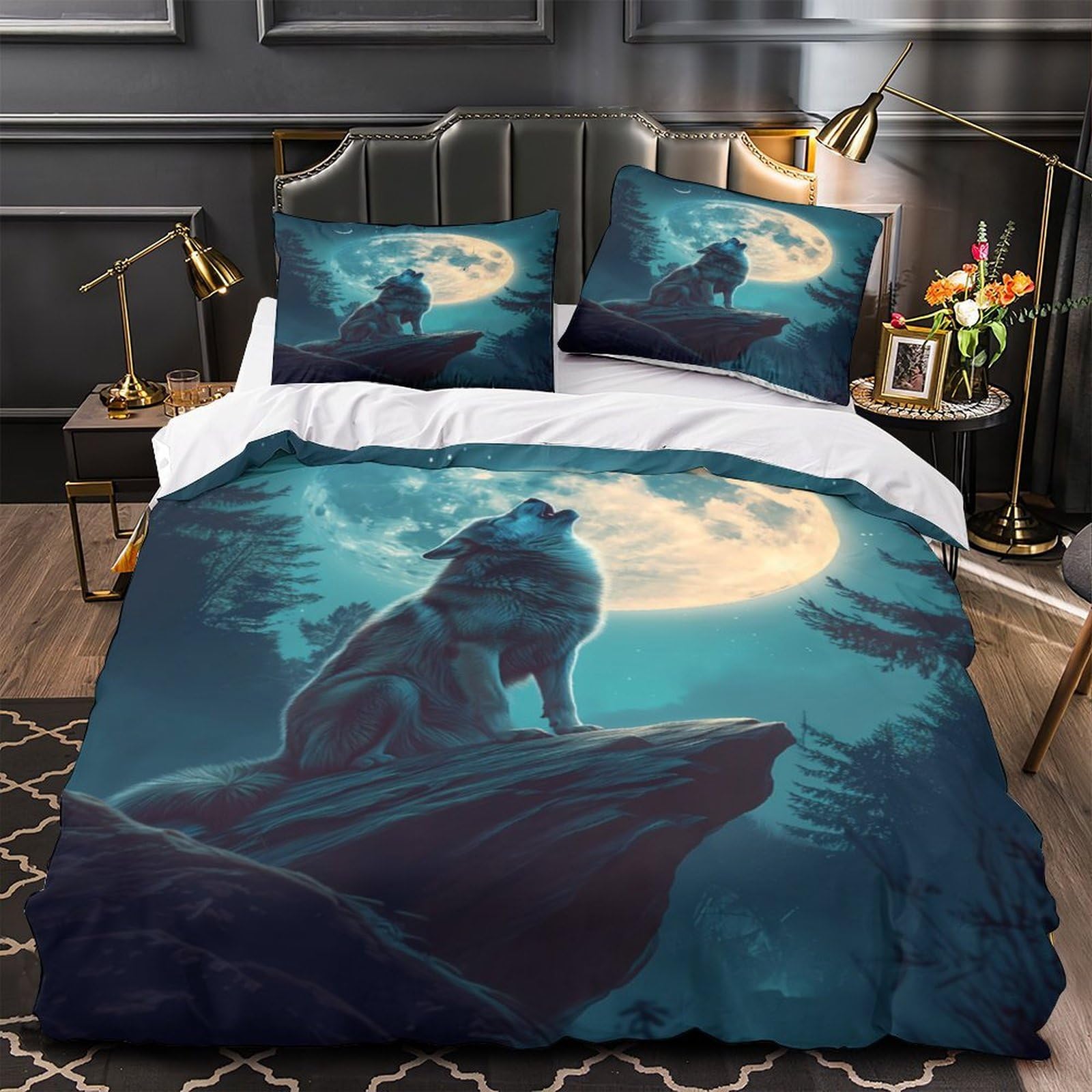 Housse de Couette 3D Hypoallerg&eacute;nique et Microfibre R&eacute;sistante Loup et Faucon