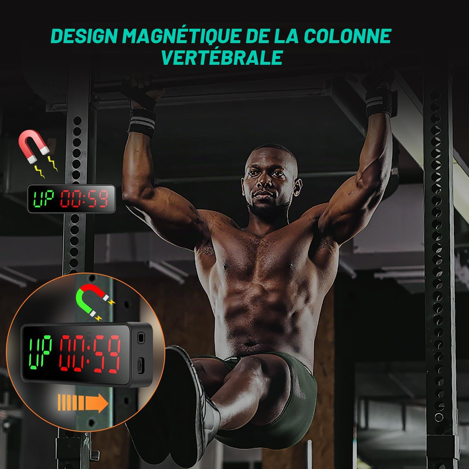 Minuteur d'entraînement portable avec boîtier en caoutchouc et tranche magnétique intégrée, grand écran numérique LED anti-vertige, pour maison, garage, école (noir)