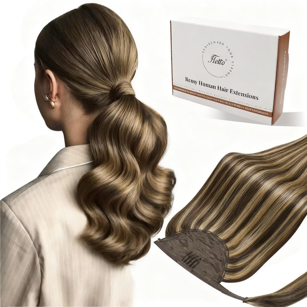 Hetto Ponytail Extension Human Hair Brown Human Hair Ponytail Extension Dark Brown Highlight Light Blonde Pony Tail Extensions 12inch 70G