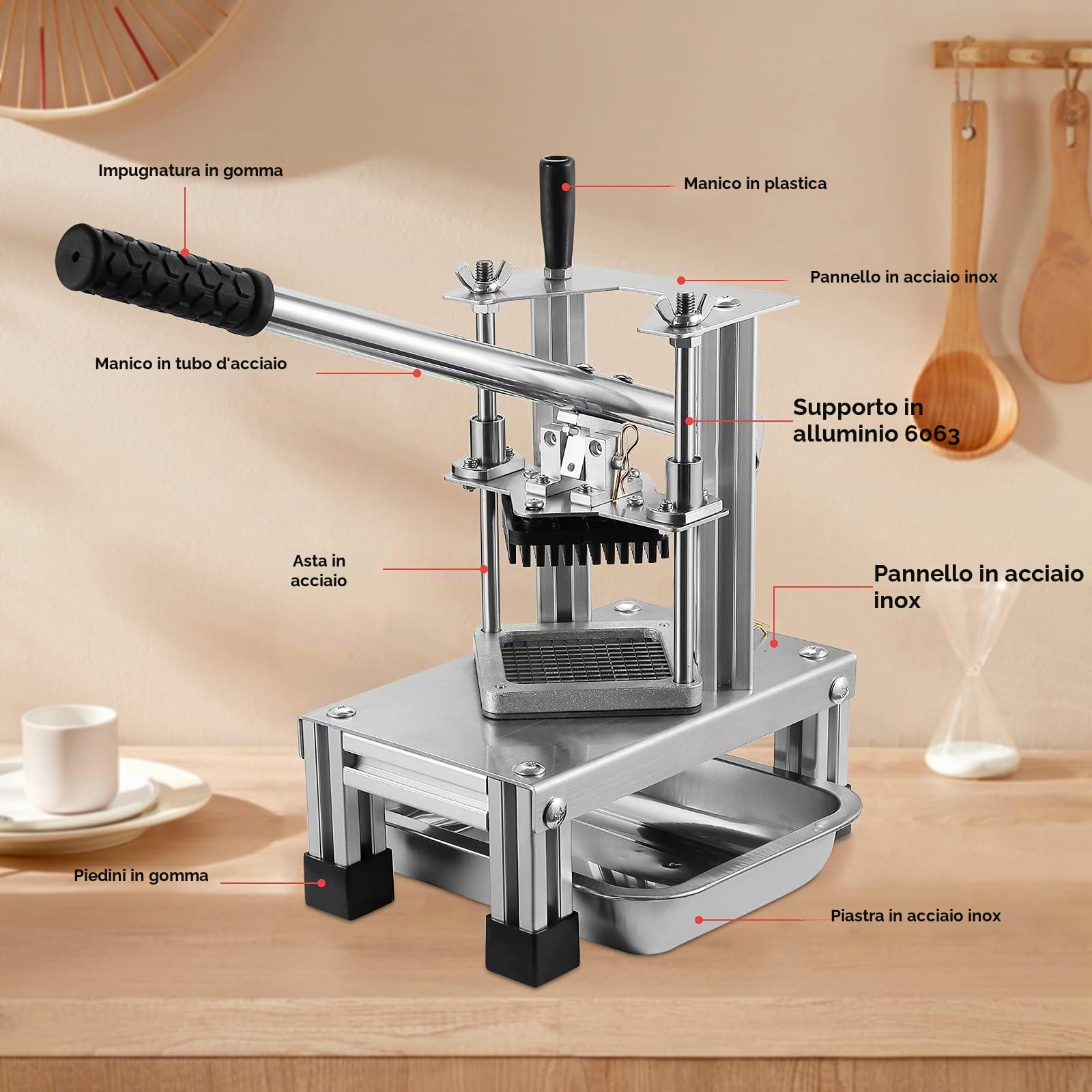 Commerciale French Fry Cutter con 3 lame di ricambio, 1/2",1/4" e 3/8" lama semplice tritatubi limone affettatrice patate patatine fritte con manico allungato