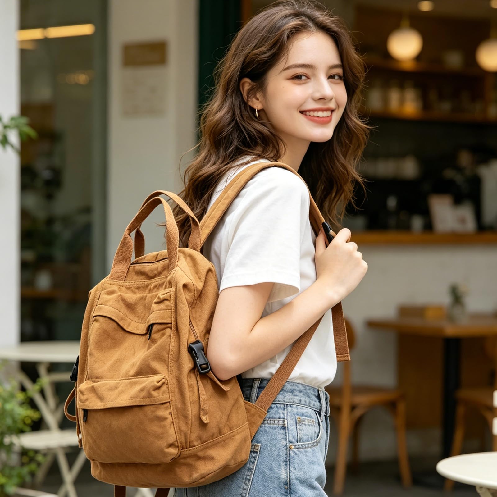 Piccolo zaino da donna – Zaino vintage in tela tinta unita casual per viaggi, lavoro, shopping e uso quotidiano
