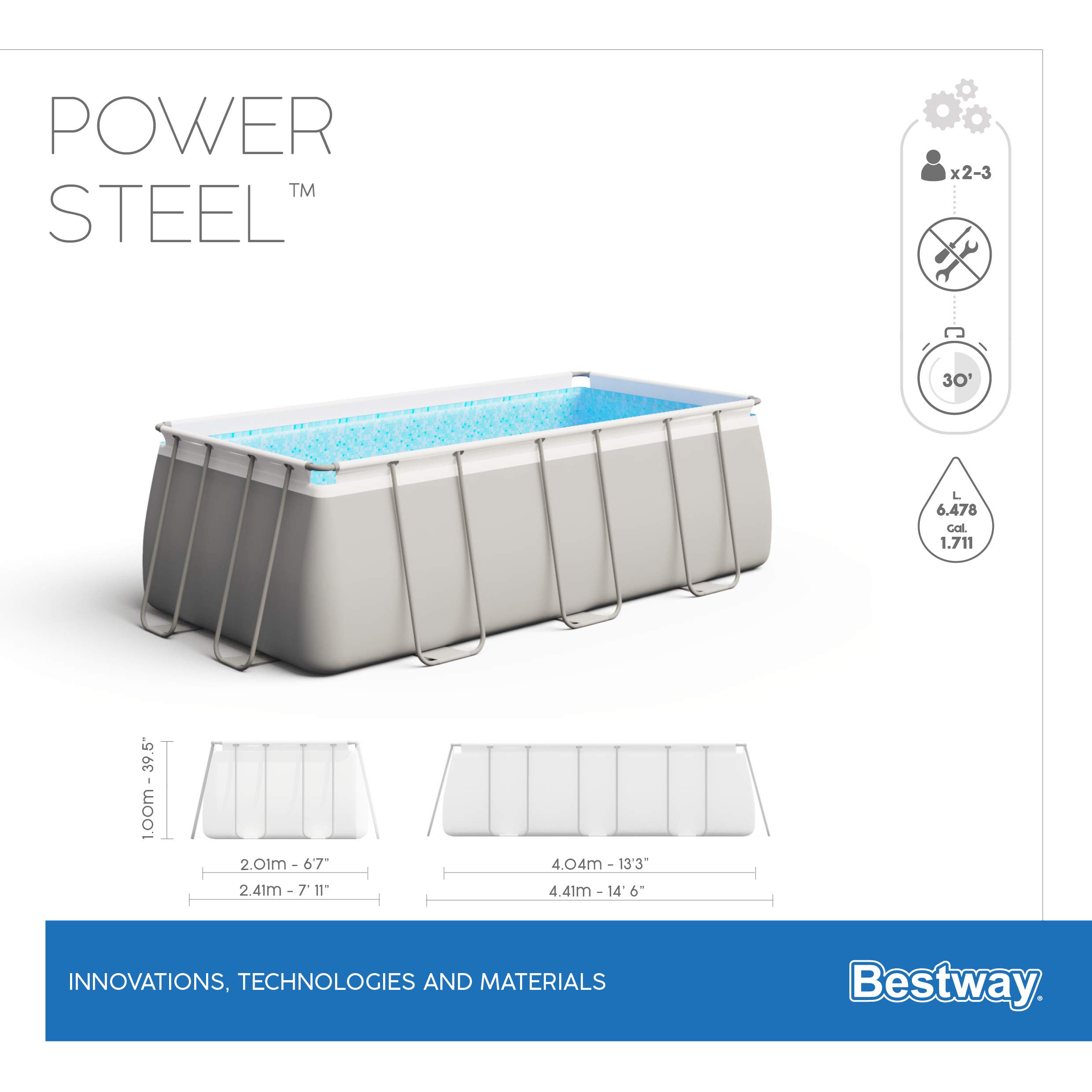 Bestway Power Steel Frame Pool-Set mit Filterpumpe 404 x 201 x 100 cm, lichtgrau, eckig