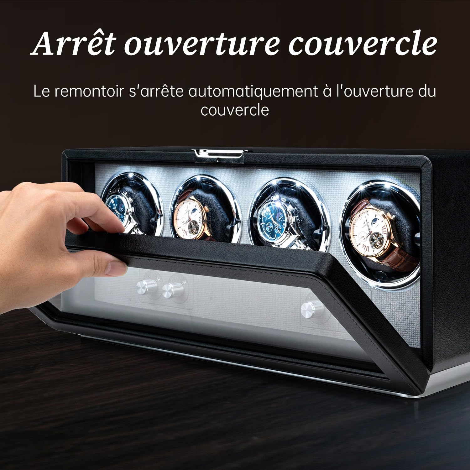 Mcbazel Remontoir pour Montre Automatique - Boîte à Remontre Automatique en Cuir PU Rectangulaire pour 4 Montres, Moteur Ultra-Silencieux avec 4 Cadrans de Montre, Eclairage LED, 4 Modes de Rotation