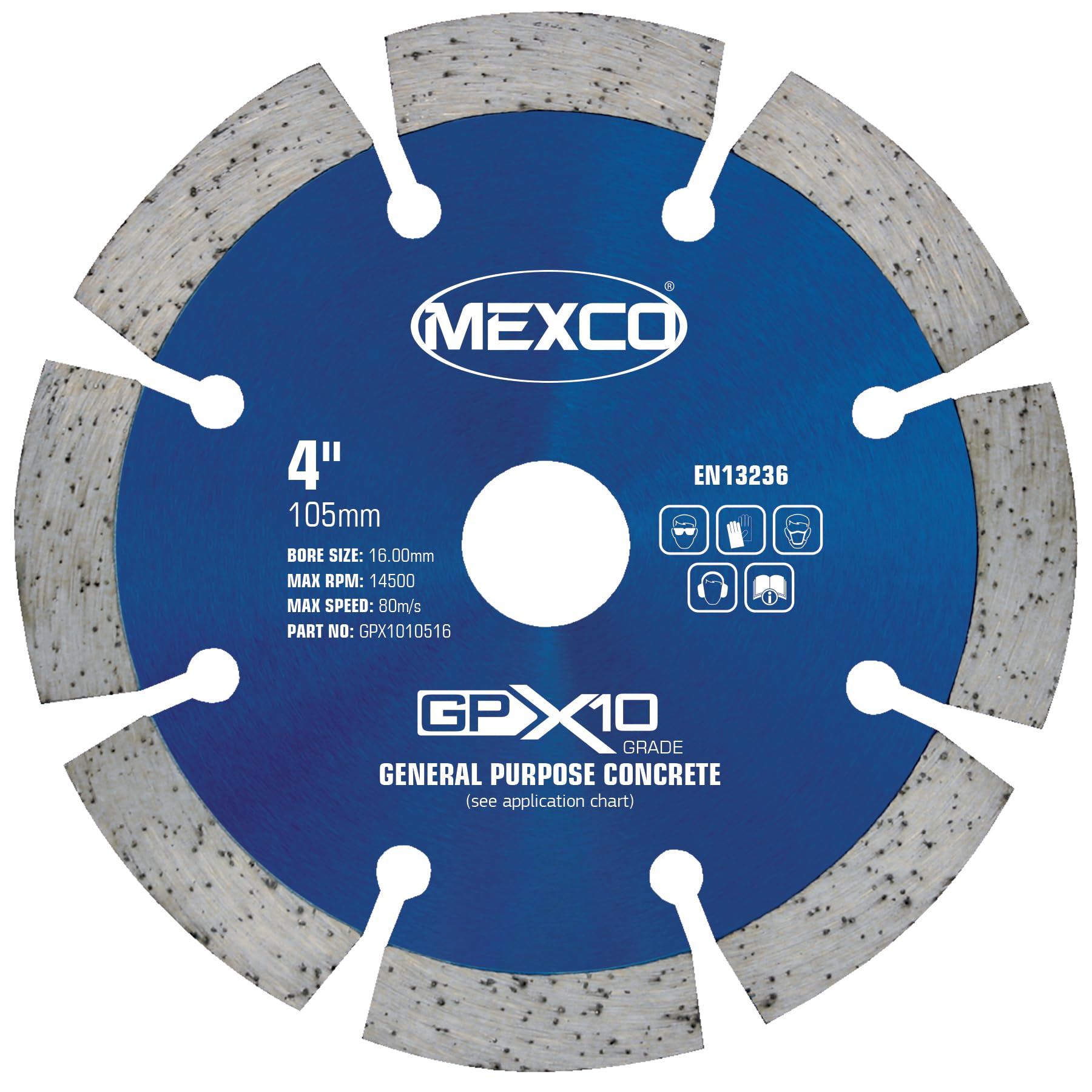 Mexco GPX10 General Purpose Concrete Diamond Blade, Cutting Disc for Non-Abrasive Building Materials - 105mm, 10mm Segment Height, 16mm Bore