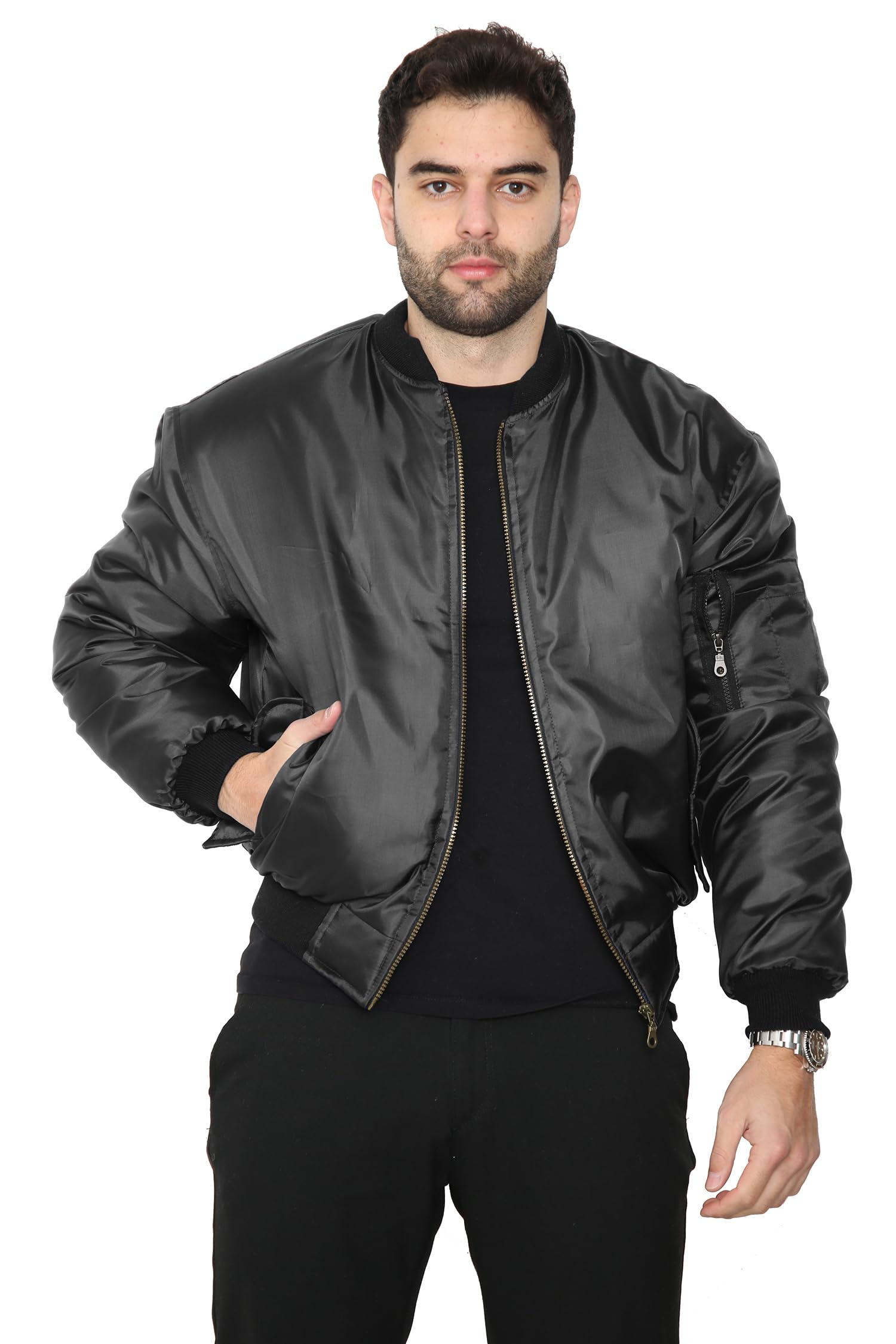 Mega_JumbleSale® Mens MA1 Bomber Jacket Army Pilot Security Doorman Biker Flight Workwear Lightweight Outdoor Casual Classic Retro Scooter Winter Vintage Cargo Zip Coat (M, Black)