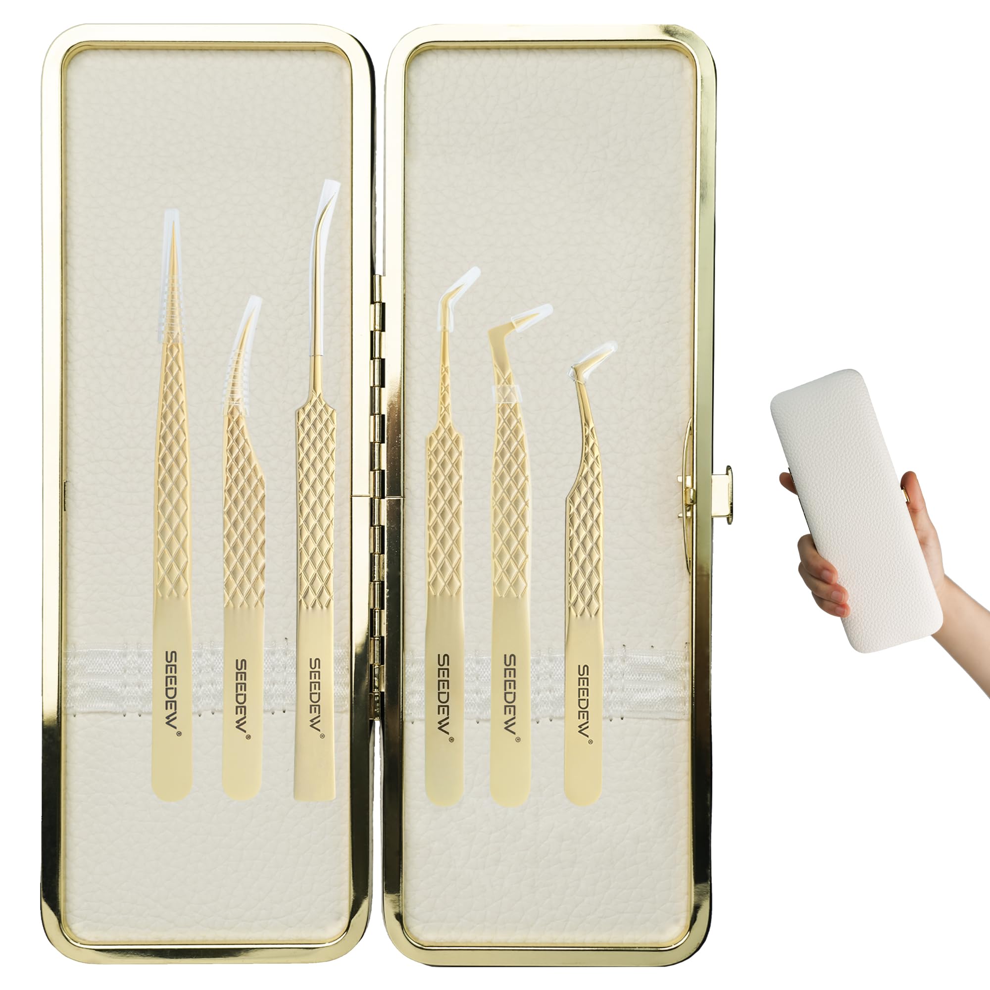 Set di pinzette per extension per ciglia (1 custodia + 6 pinzette) G-01+04+05+06+09+10, pinzette di precisione a punta con griglia e punta in fibra, 8 posizioni, kit organizer per ciglia