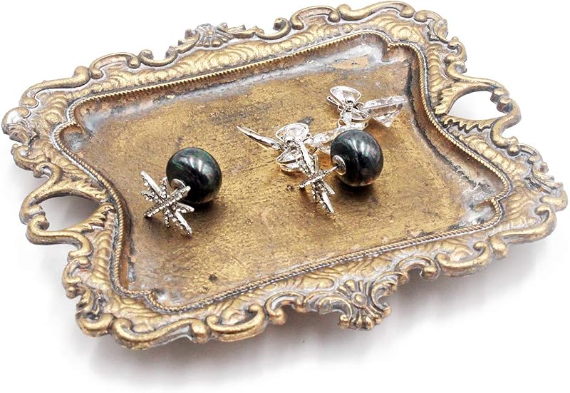 Funly mee Small Antique Trinket Dish Vintage Gold Metal Jewelry Tray, Ring Holder-5.3 x 3.5 x 1.2 inches | Antique gold ,Vintage small tray