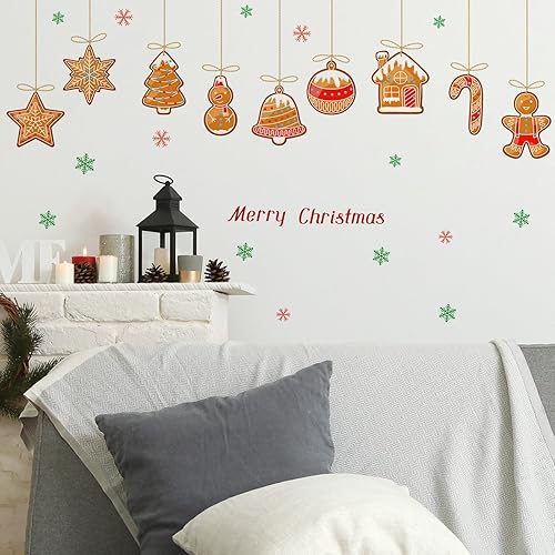 Miniatura 5 de Calcomanías de pared con texto en inglés Merry Christmas para despegar y pegar, arte de pared de casa de caramelos, copos de nieve, decoración de