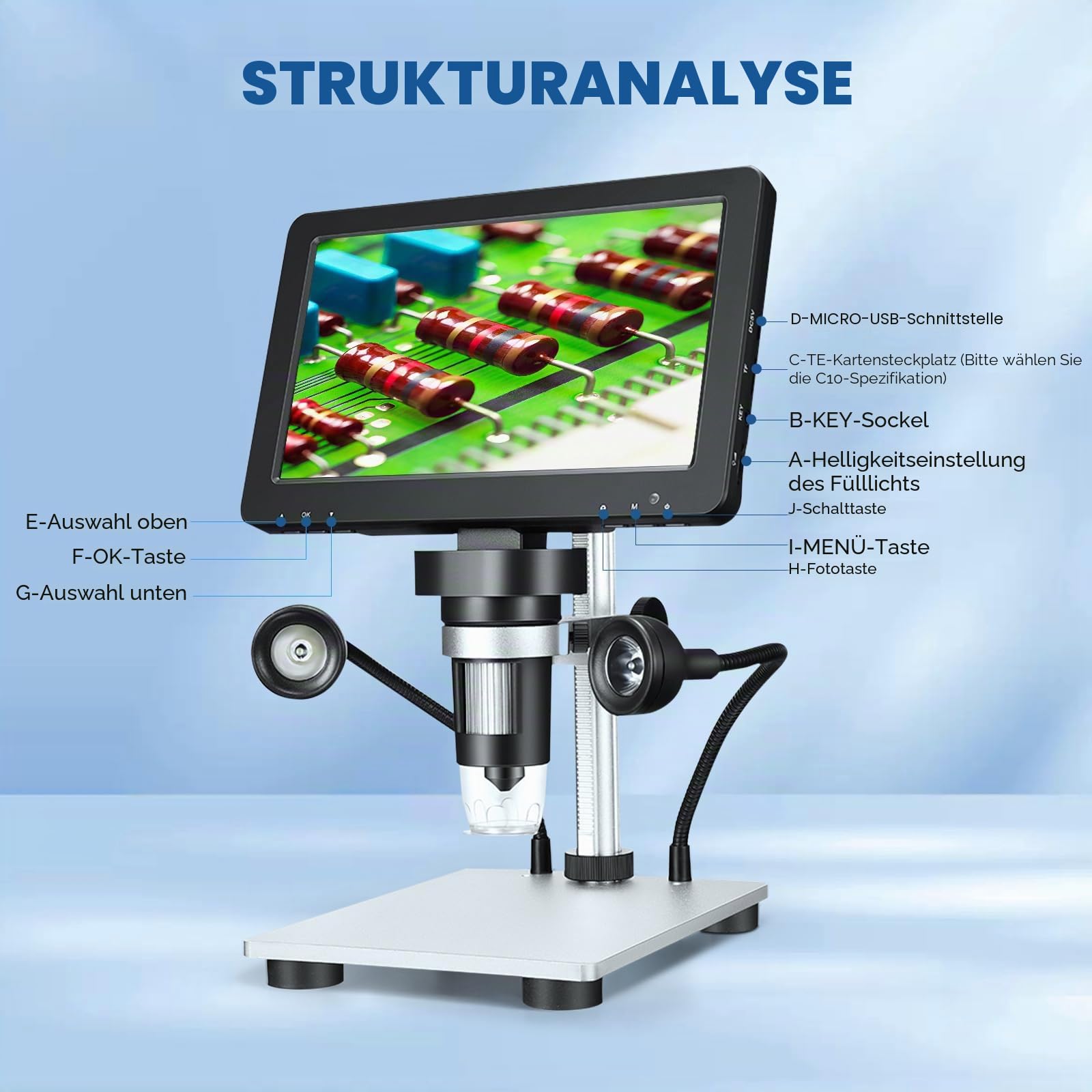 Professionelles Mikroskop 7 Zoll 1200 x 12 MP Digitales Mikroskop mit drehbarem HD-Display/8 LED-Leuchten/12 Sprachen/10 cm Arbeitsabstand: Elektronisches zum Schweißen