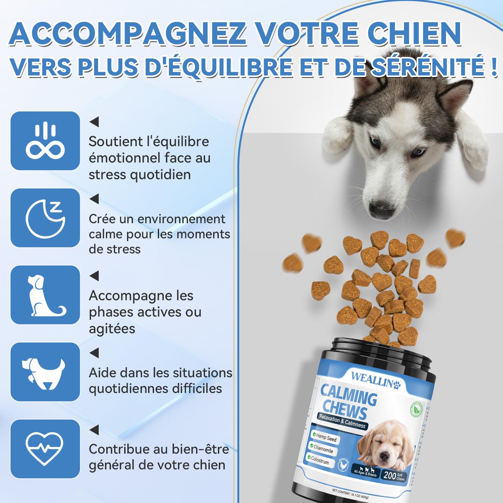 WEALLIN Bouchées Anti-Stress pour Chiens, 200 unités Calmant à Mâcher pour Chiens, Favorise Le Bien-être, Le Comportement Calme et l'Équilibre, pour Toutes Les Races Tailles Saveur Poulet