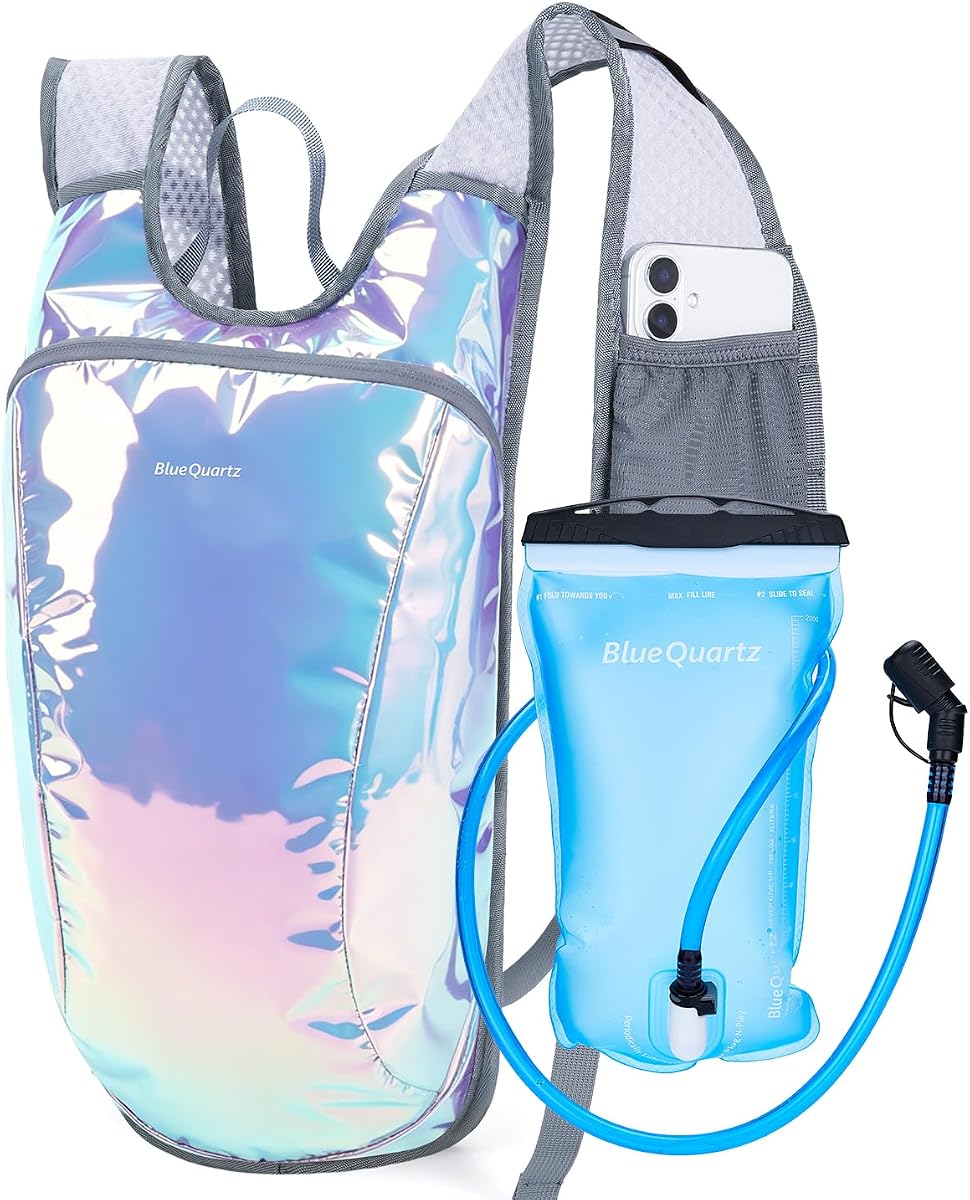 Mochila de hidratación Rave, mochila de senderismo reflectante con bolsa de agua de 2 litros y bolsillo para teléfono, mochila hidráulica con compartimento aislado para festivales, correr, ciclismo, para hombres y mujeres