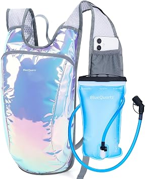 Blue Quartz Rave Hydration Backpack, Reflective Hiking Pack with 2L Water Bladder & Phone Pocket, Hydro Pack with Insulated Compartment for Festival Running Cycling for Men Women
