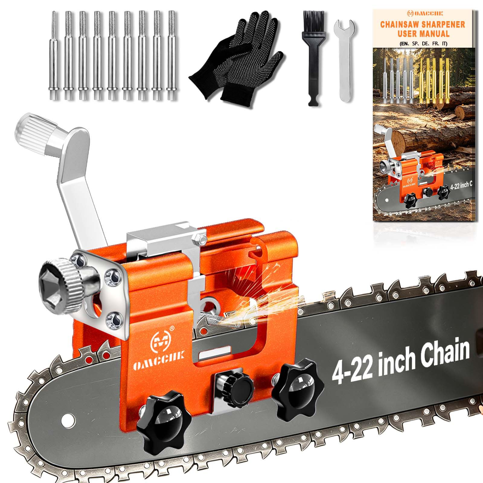 Chainsaw Sharpener Jig Kit, 10 Tungsten Bits for 4-22" Chain Sharpening