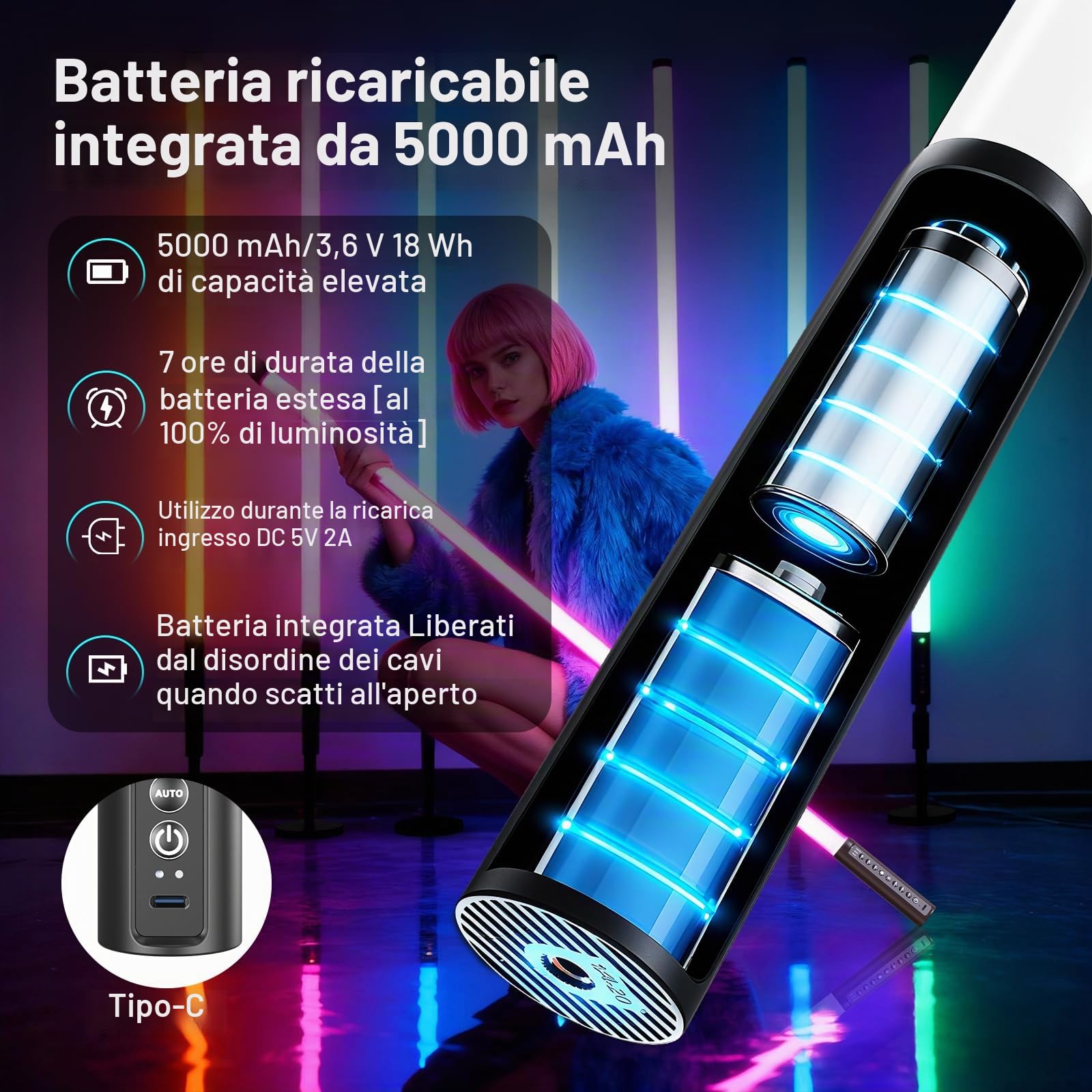6 luci video a LED portatile da 120cm con treppiede, 2,4 G, luce per fotografia a LED, dimmerabile e modalità musica, batteria da 5000 mAh, Tubo luminoso RGB per YouTube,streaming di giochi,feste,bar