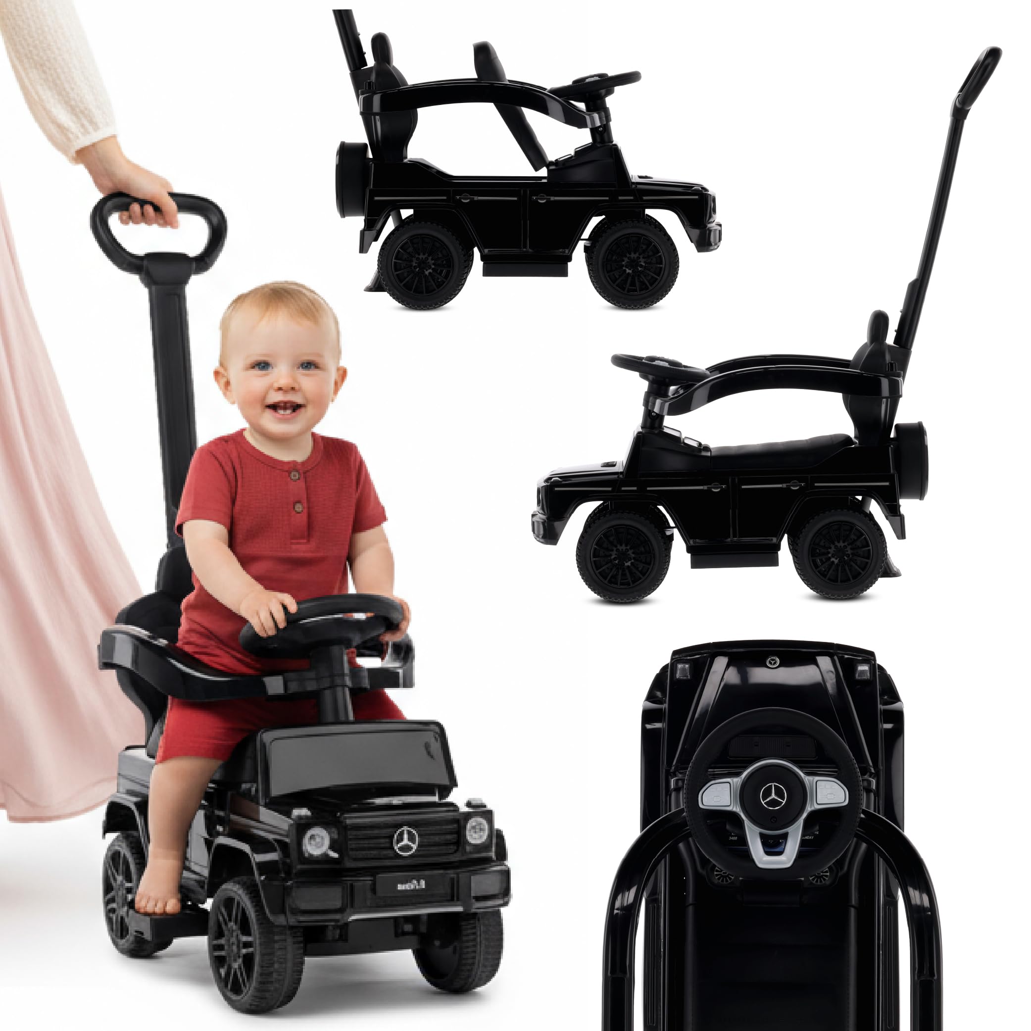 Rutschauto ab 1 Jahr mit Schubstange, Mercedes G mit Schubstange, Kinderauto, Baby Auto (Schwarz)