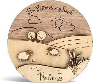 Bible Verse Scene Décor Plaque - He Restored My Soul - Psalm 23 Freestanding Wooden Desktop Ornament,Christian Gift, Religious Home Decor,Rustic Pastoral Sign Inspirational Room Office Bedroom Decor