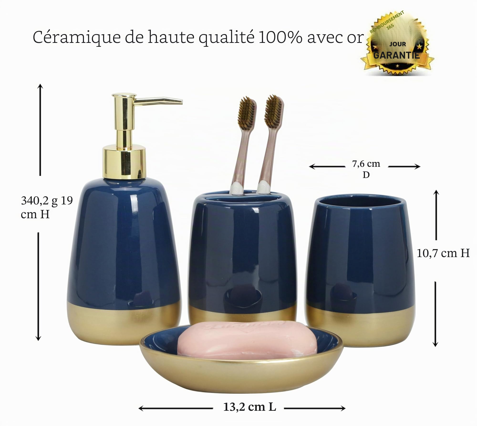 Navy Blue Gold Luxury Bathroom Accessories Set 4 Pieces,Vanity Countertop Ceramic Accessory Set for Bathroom Decor with Soap Dispenser,Toothbrush Holder, Tumbler,Soap Dish (Navy Blue)