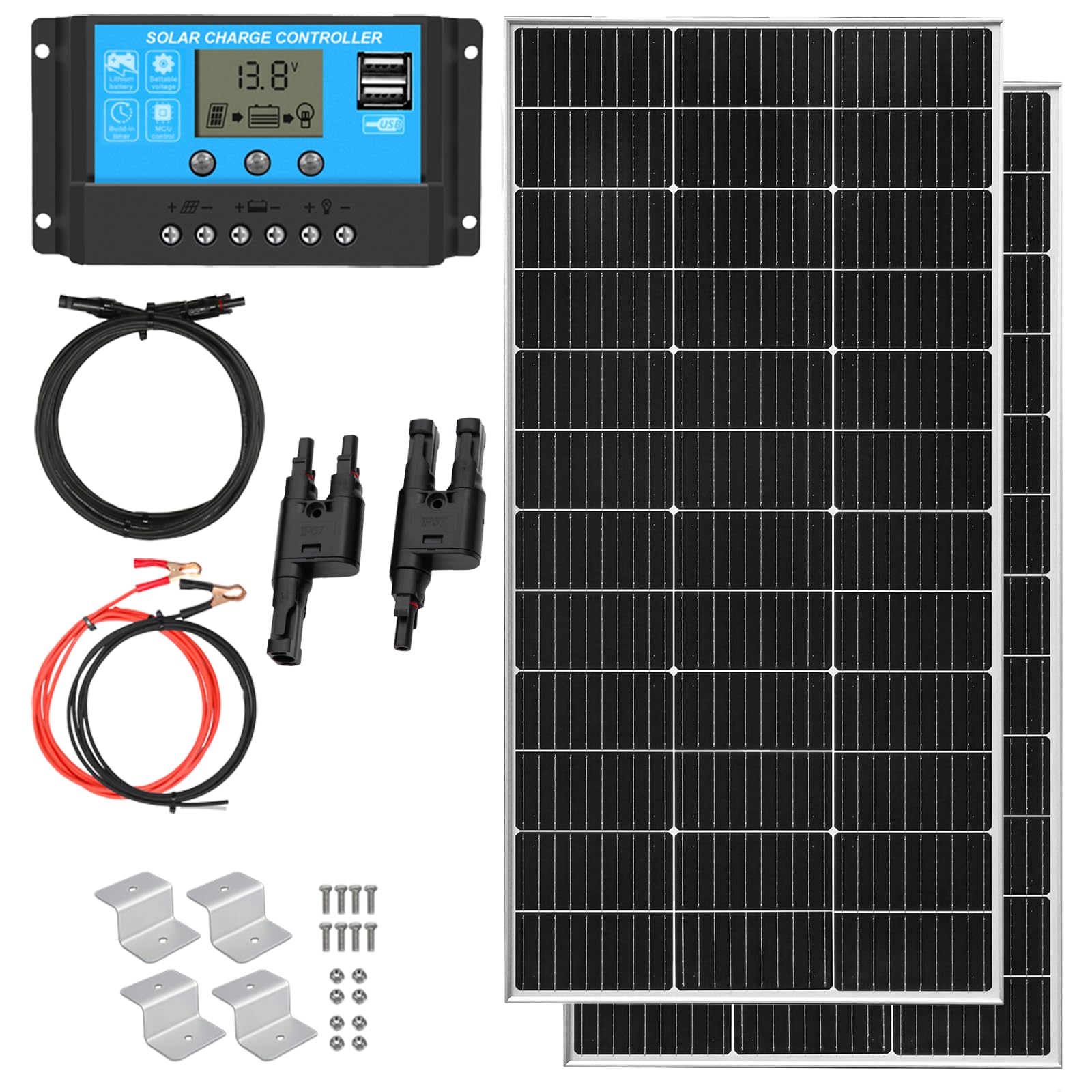 XINPUGUANG Kit Panneau Solaire 240W：2 Panneaux Solaires Monocristallin 120W 12V + Régulateur de charge 30A + câble de 3m + pinces de fixation Z pour camping-car, caravane, maison