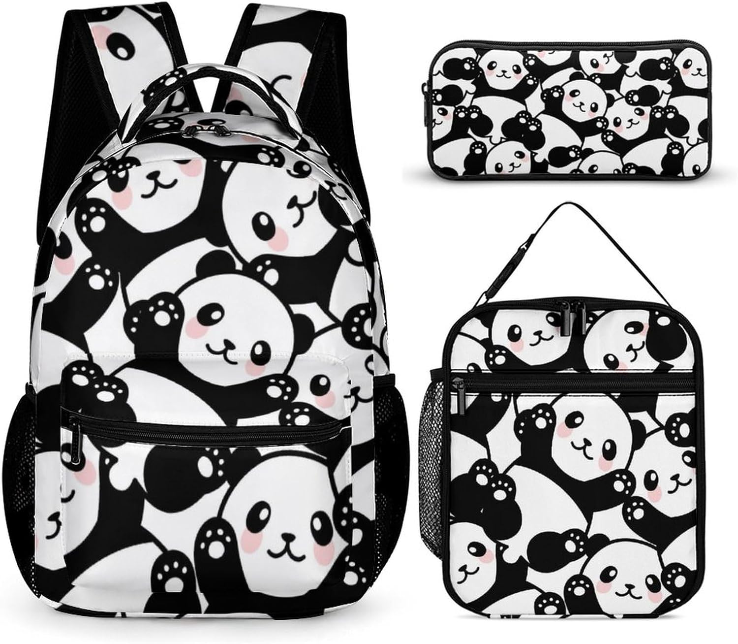 Panda Backpack with Lunch Box & Pencil Case, 16 Inch Cute Panda Themed Bookbag, Adjustable Lightweight Large Capacity, Colorful Panda Backpack Set for Kids Girls Boys School