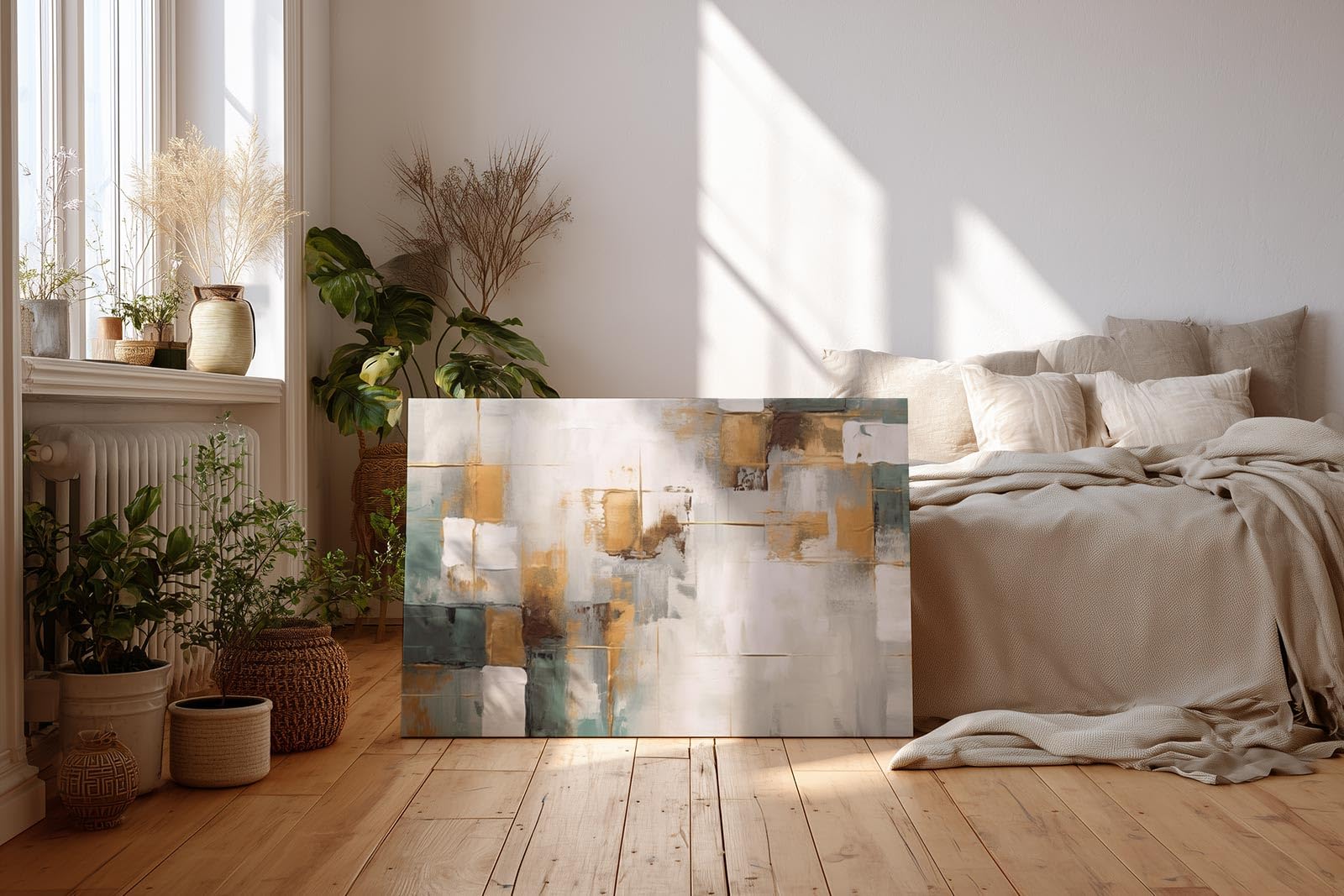 Sinus Art Wandbild 120x80cm Abstraktes Motiv mit geometrischen Flächen in Gold, Grün und Weiß für moderne Raumgestaltung