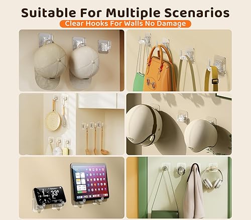 Miniatura 8 de Paquete de 8 ganchos invisibles para llaves para pared, soporte adhesivo transparente, bolsos, sombreros, toallas y más, sujeción fuerte sin