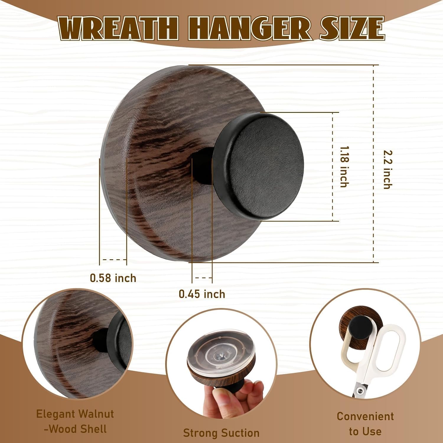 Suction Cup Hooks for Shower, Wreath Hanger Cups for Glass/Bathroom/Window/July 4th, Removable Towel Shower Wall Adhesive Hooks, Spring Garland Hanger for Door Frame(BlackWalnut, 2PCS)