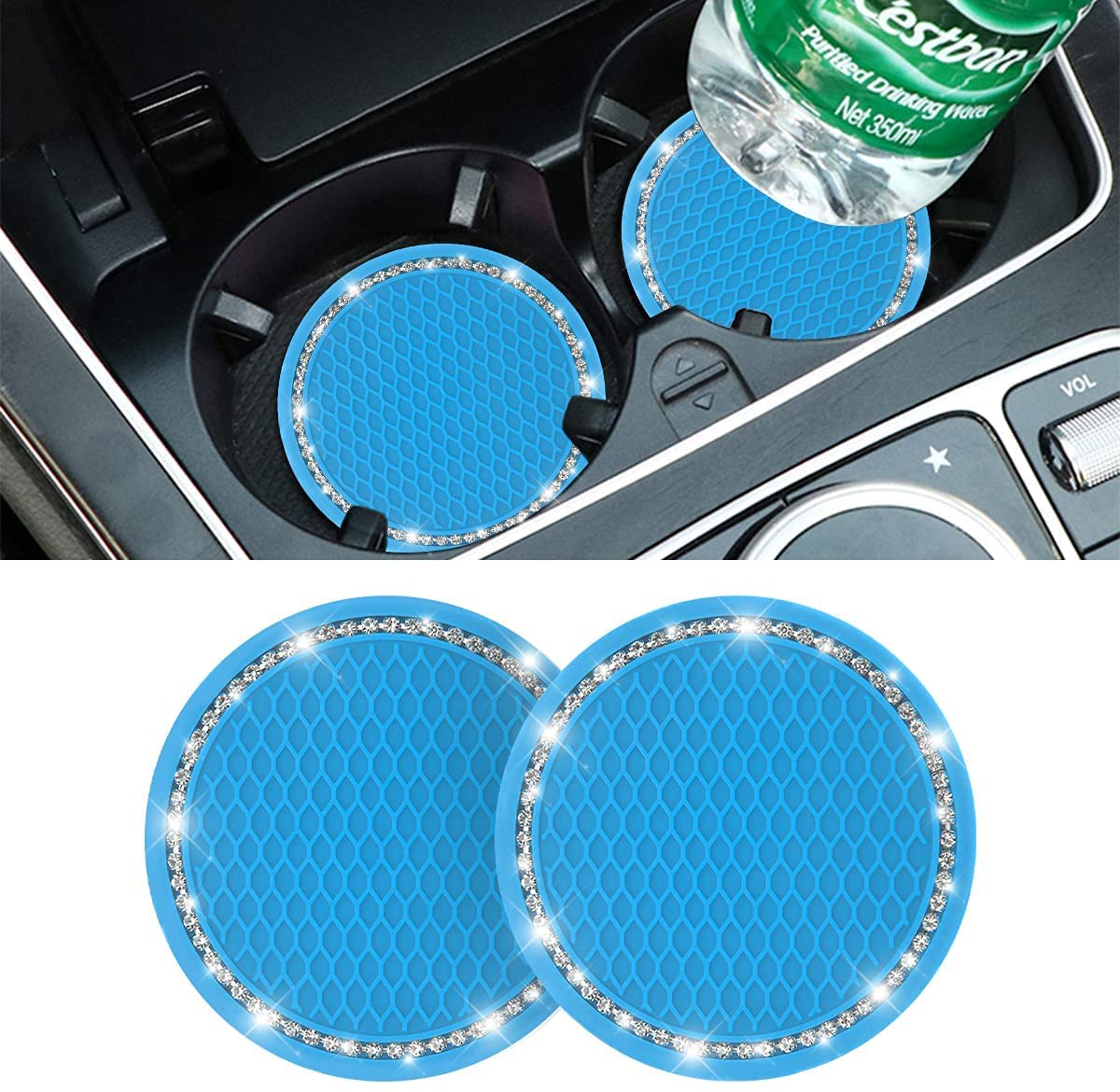 Universal Bling Crystal Rhinestone Cup Holder Coaster, 2 PCS Car Accessories 2.75 Inch Auto Anti Slip Insert Mat Pad Set, Suitable for Most Cars,