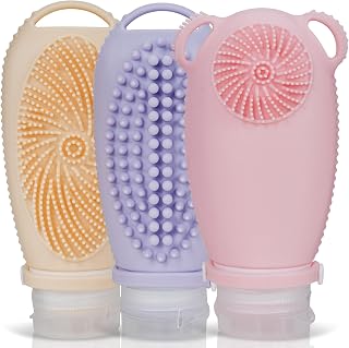 Premium Silicone Travel Bottles 3-Pack (3.4oz) | TSA Approved Leakproof Toiletry Containers | Refillable Shower Bottles & Gentle Exfoliating Scrubber for Sensitive Skin