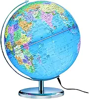 Globo Terrestre Político Iluminado com LED 25cm, Mapa Mundi Giratório, Base Dourada de Metal, Vintage, Enfeite de Mesa para Escritório, Presente Luxo, Colorido (Azul)