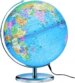 Globo Terrestre Político Iluminado com LED 25cm, Mapa Mundi Giratório, Base Dourada de Metal, Vintage, Enfeite de Mesa para Escritório, Presente Luxo, Colorido (Azul)